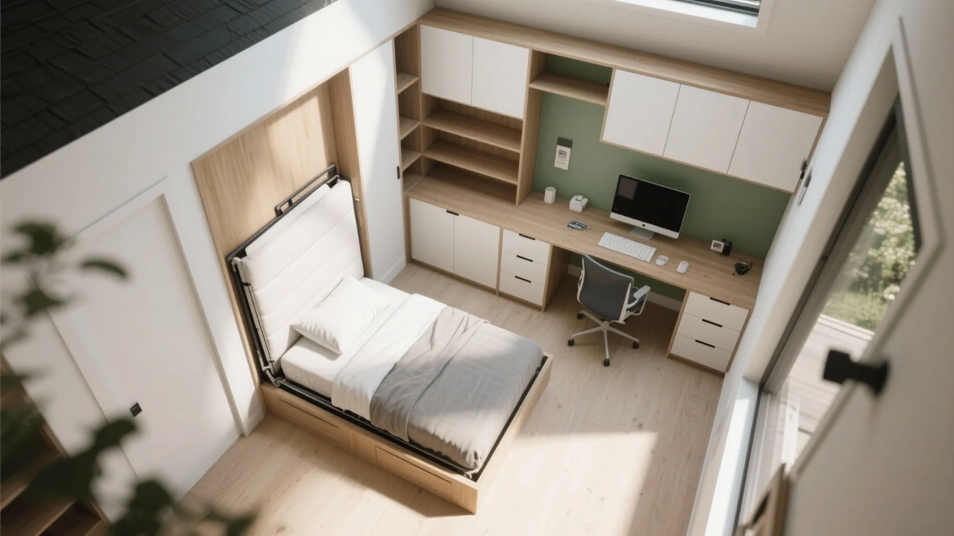 Top-down view of a flexible second bedroom with fold-down bed and built-in desk.