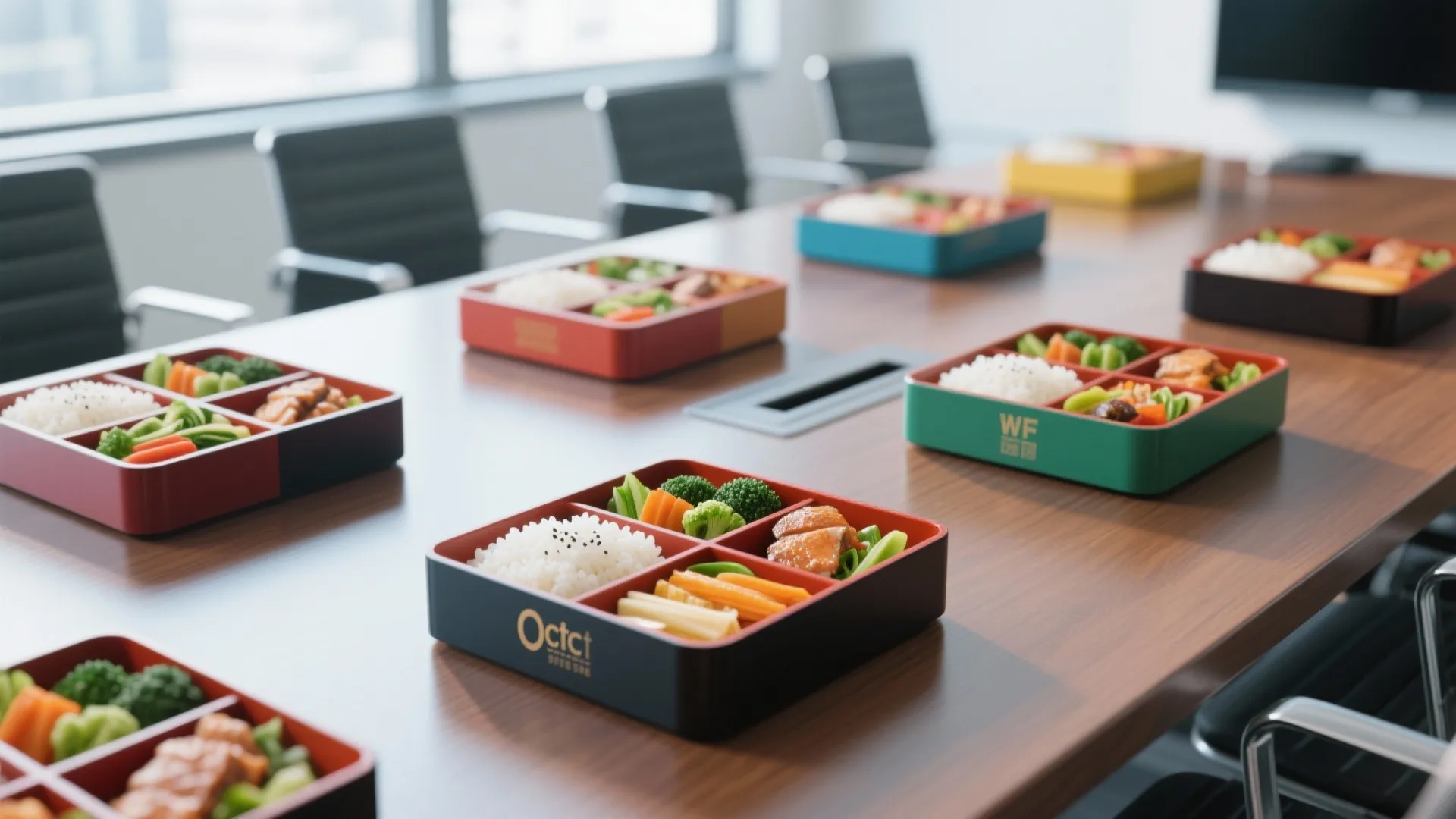 Colorful bento lunch boxes with rice and vegetables on a large wooden office meeting table