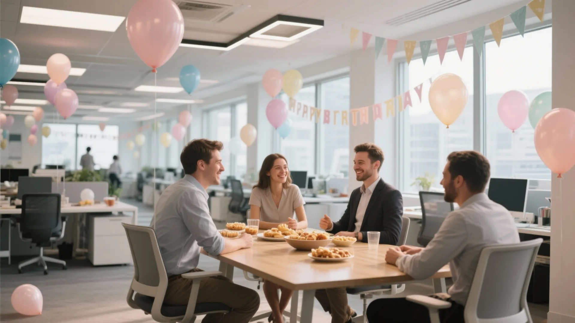 Colleagues celebrating a birthday party in a bright office decorated with colorful balloons and banners
