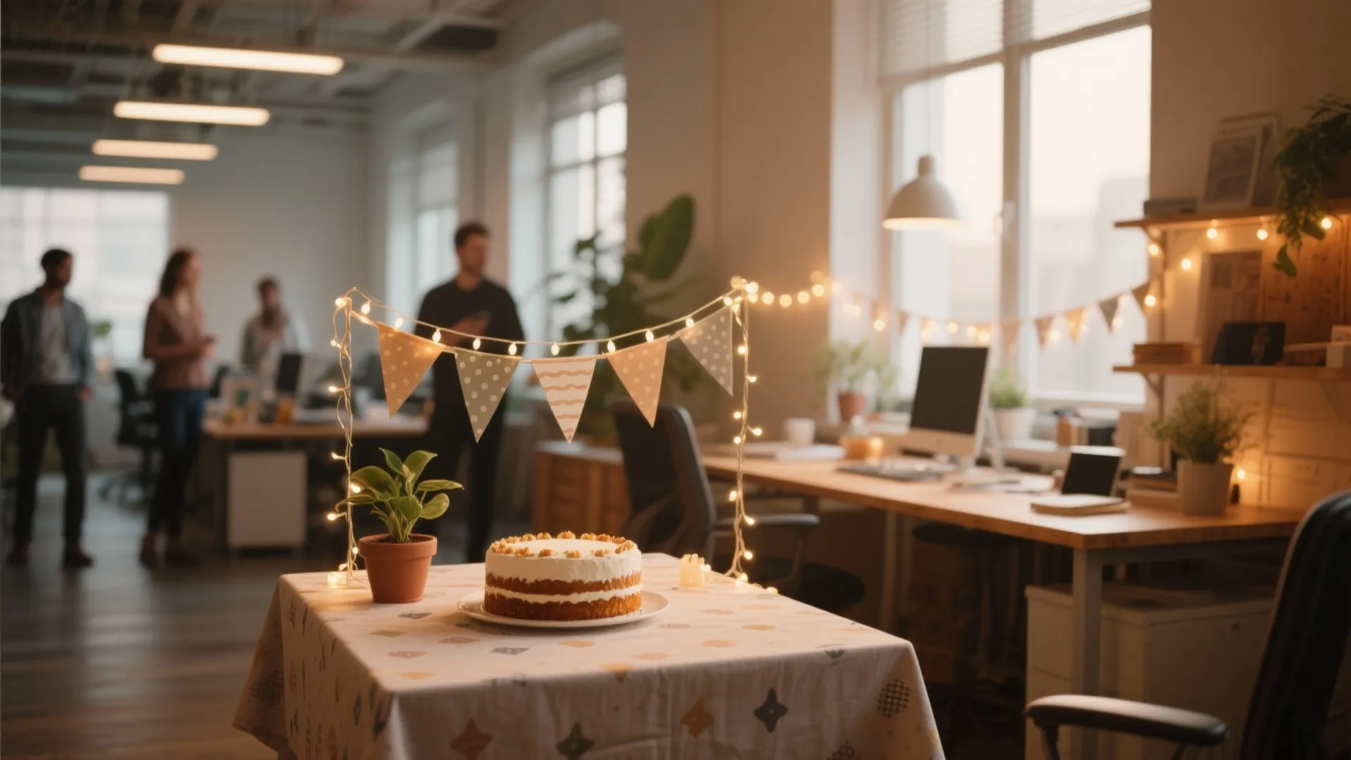 Modern office birthday celebration with a cake on table and decorative lights in work space