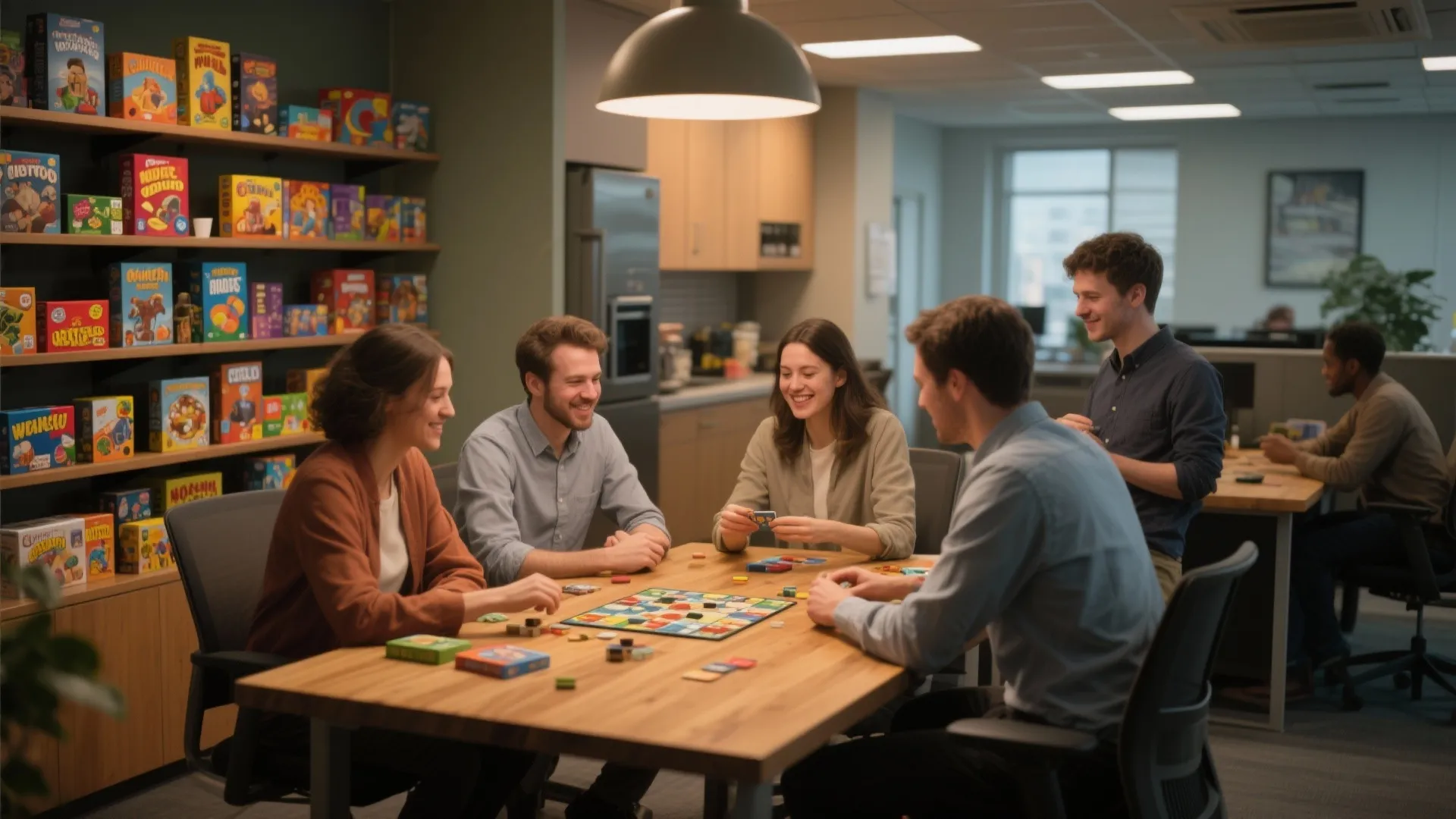 Colleagues playing colorful board games together on large wooden table in modern office break room area
