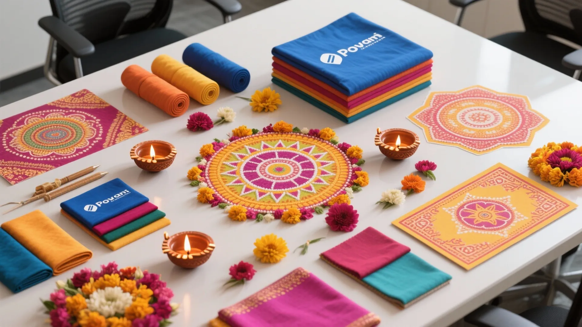 Flatlay of Pooja decor items in office branding colors and patterns
