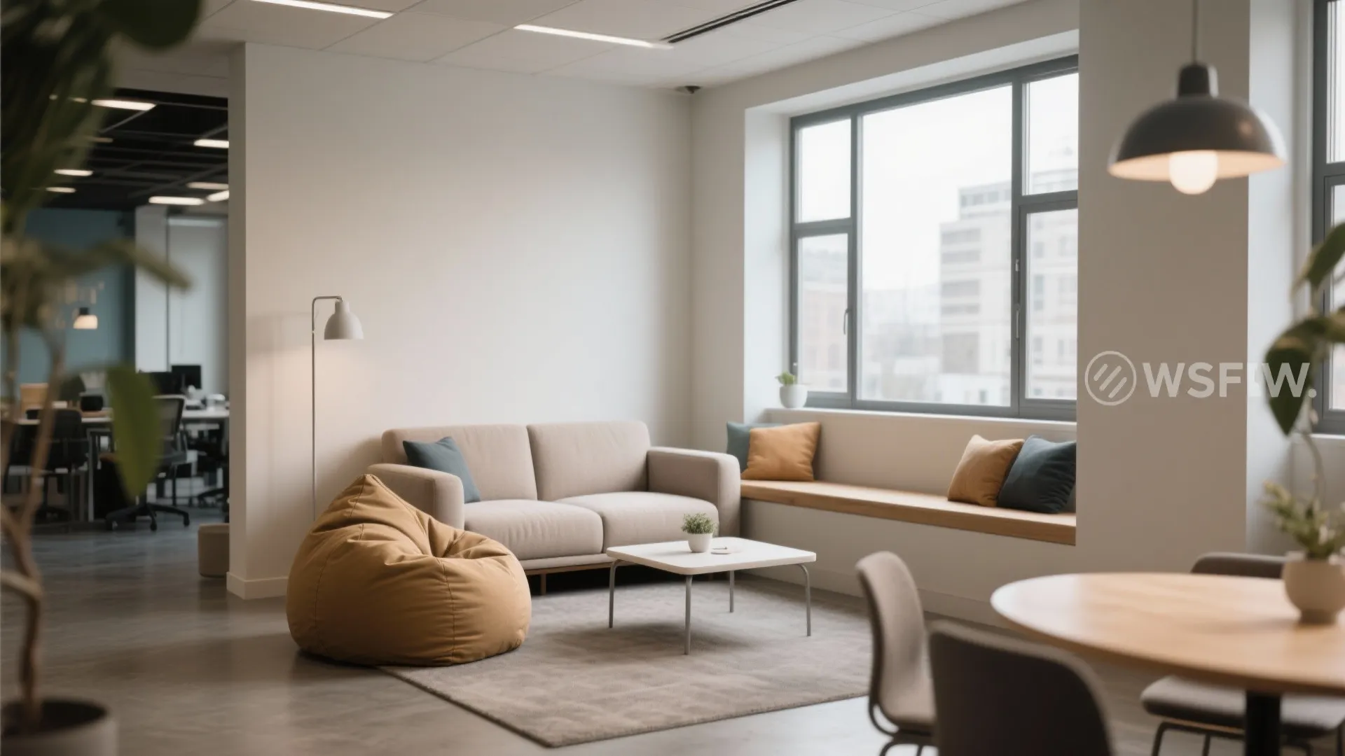 Office lounge with beige sofa bean bag chair coffee table rug and large bright window