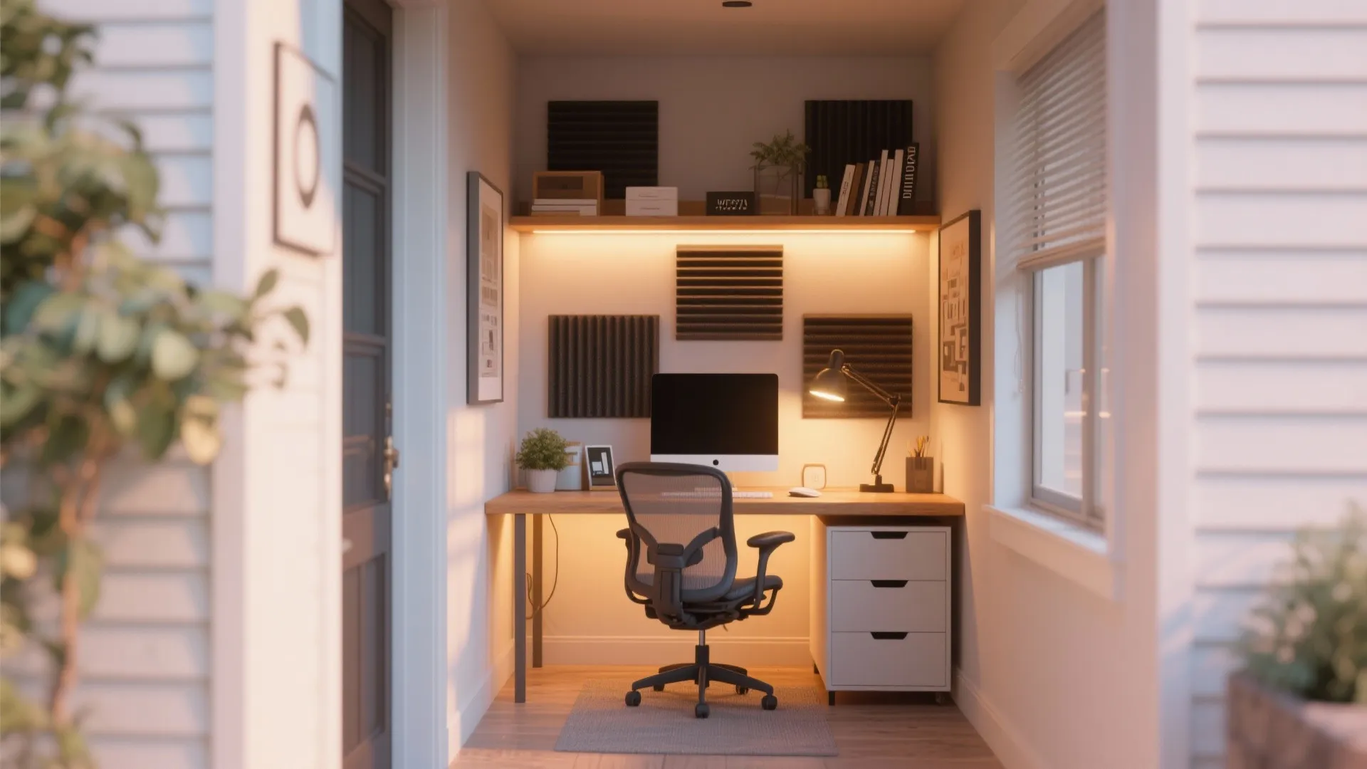 Breezeway with small desk setup as office