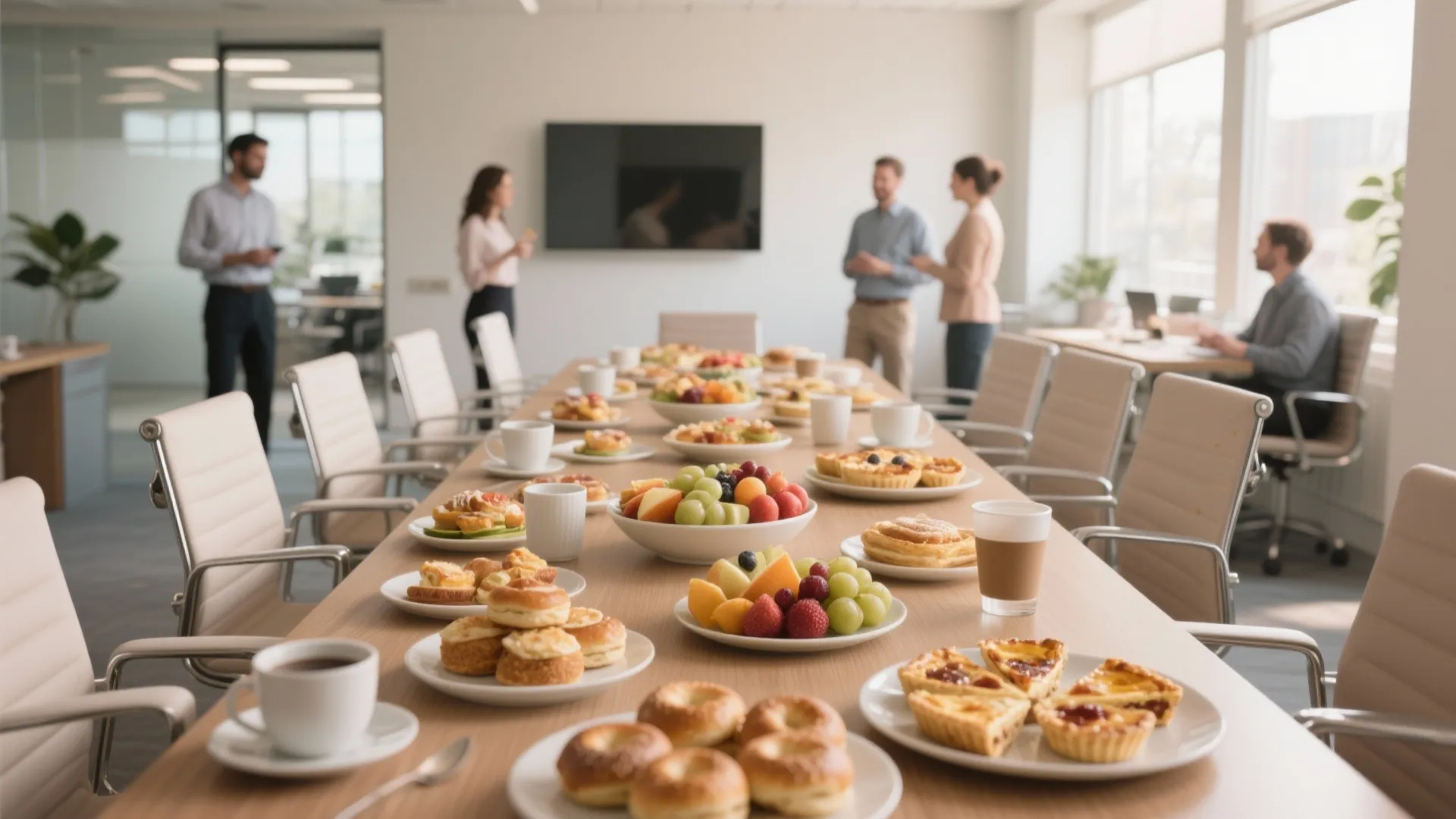 Conference room table spread with pastries fruit bowls coffee cups and people talking in background
