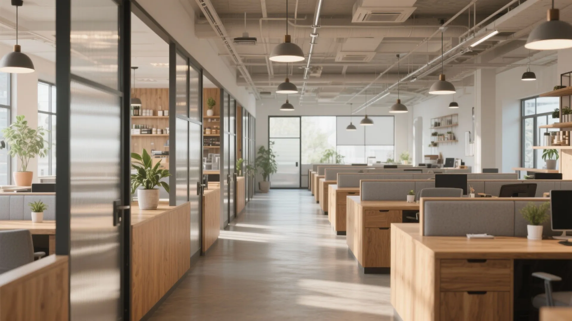 Modern open plan office with wooden desks hanging ceiling lights glass walls and green plants