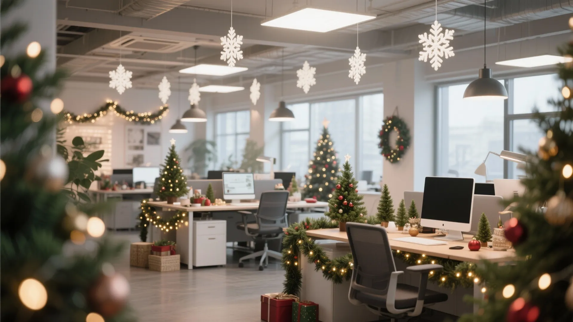 Open plan office space decorated with hanging snowflakes small Christmas trees and green pine garlands