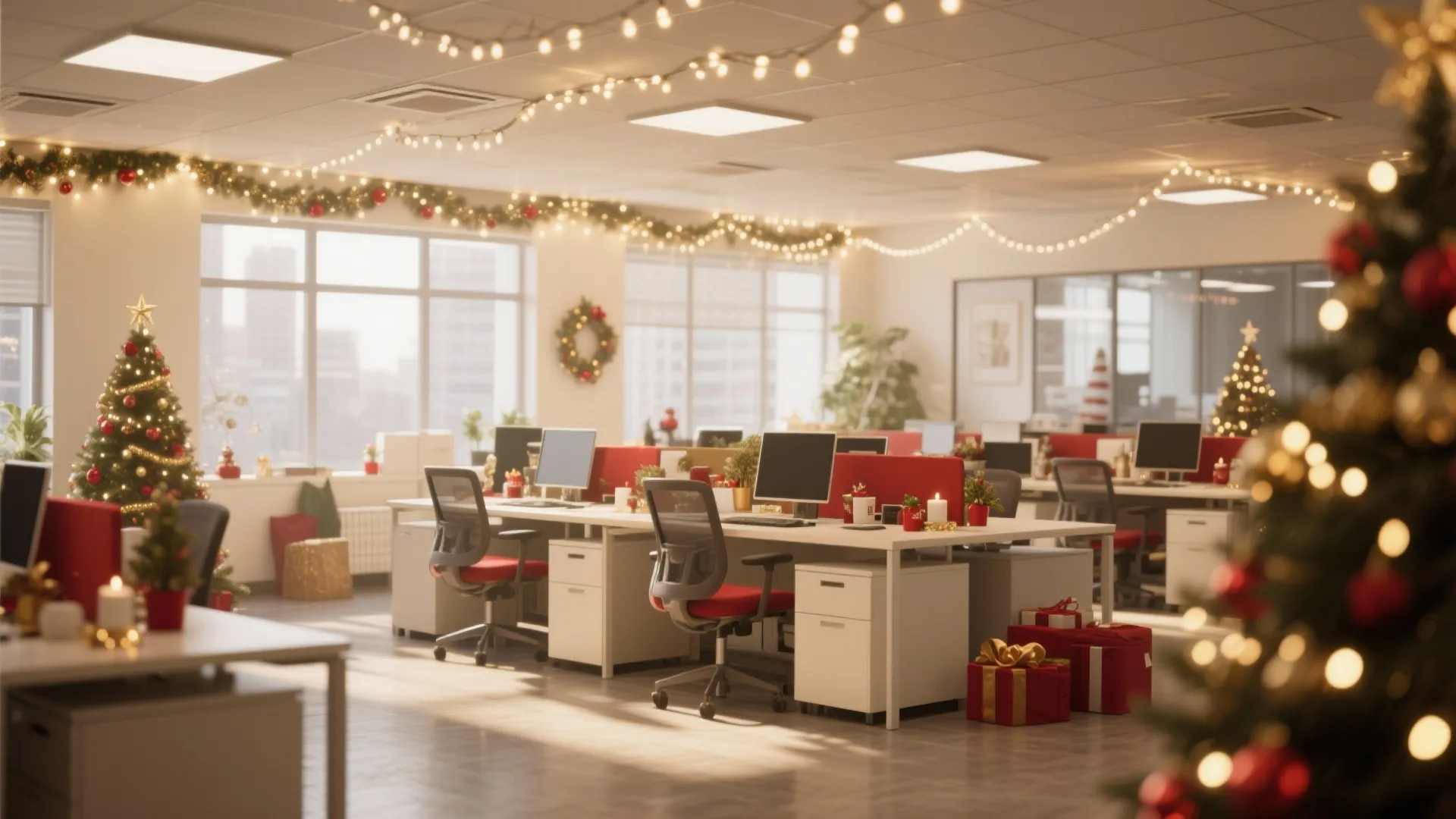 Modern open office with white desks, red chairs, Christmas trees, fairy lights, and holiday gifts
