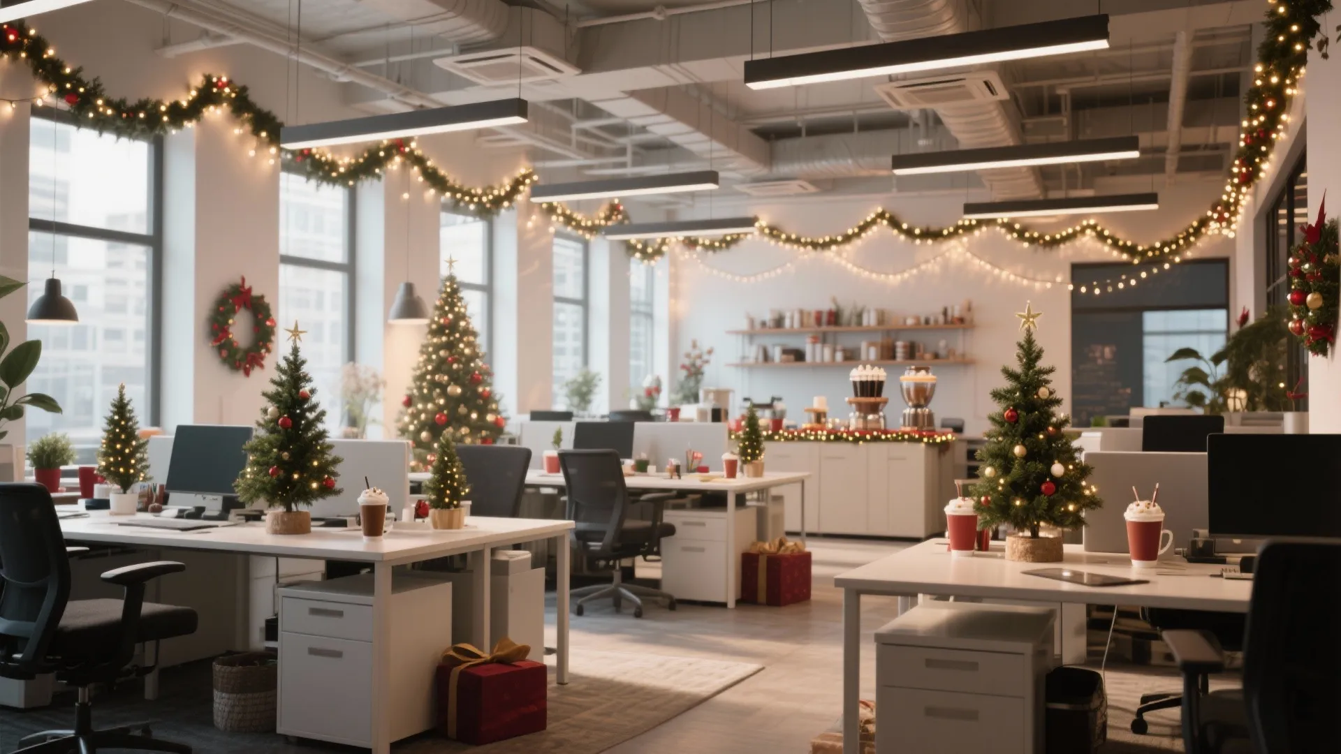 Modern office interior decorated with Christmas trees green garlands and festive lights on white desks
