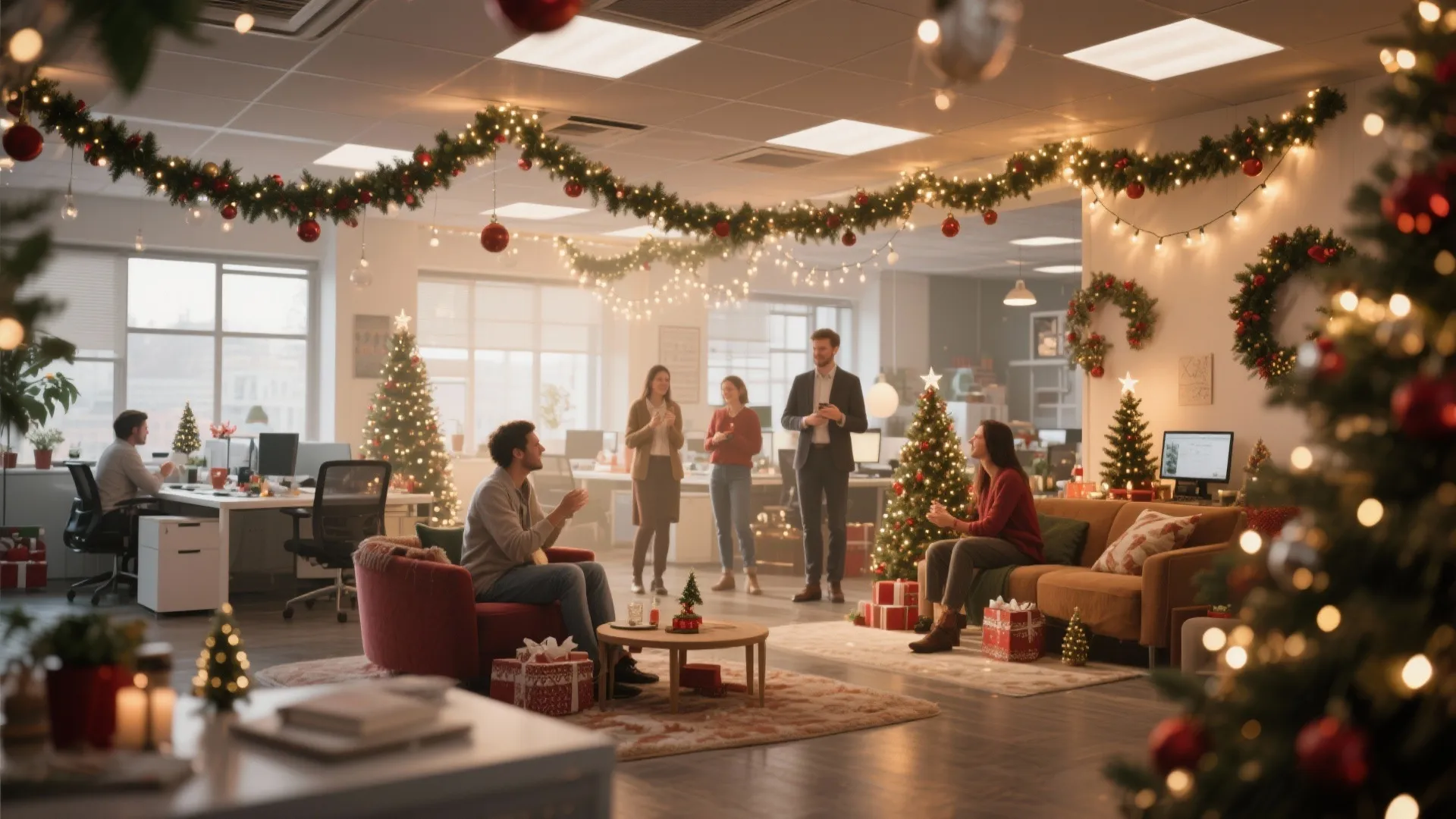 Office holiday party with Christmas trees, garlands, lights, and people sitting on sofas and armchairs