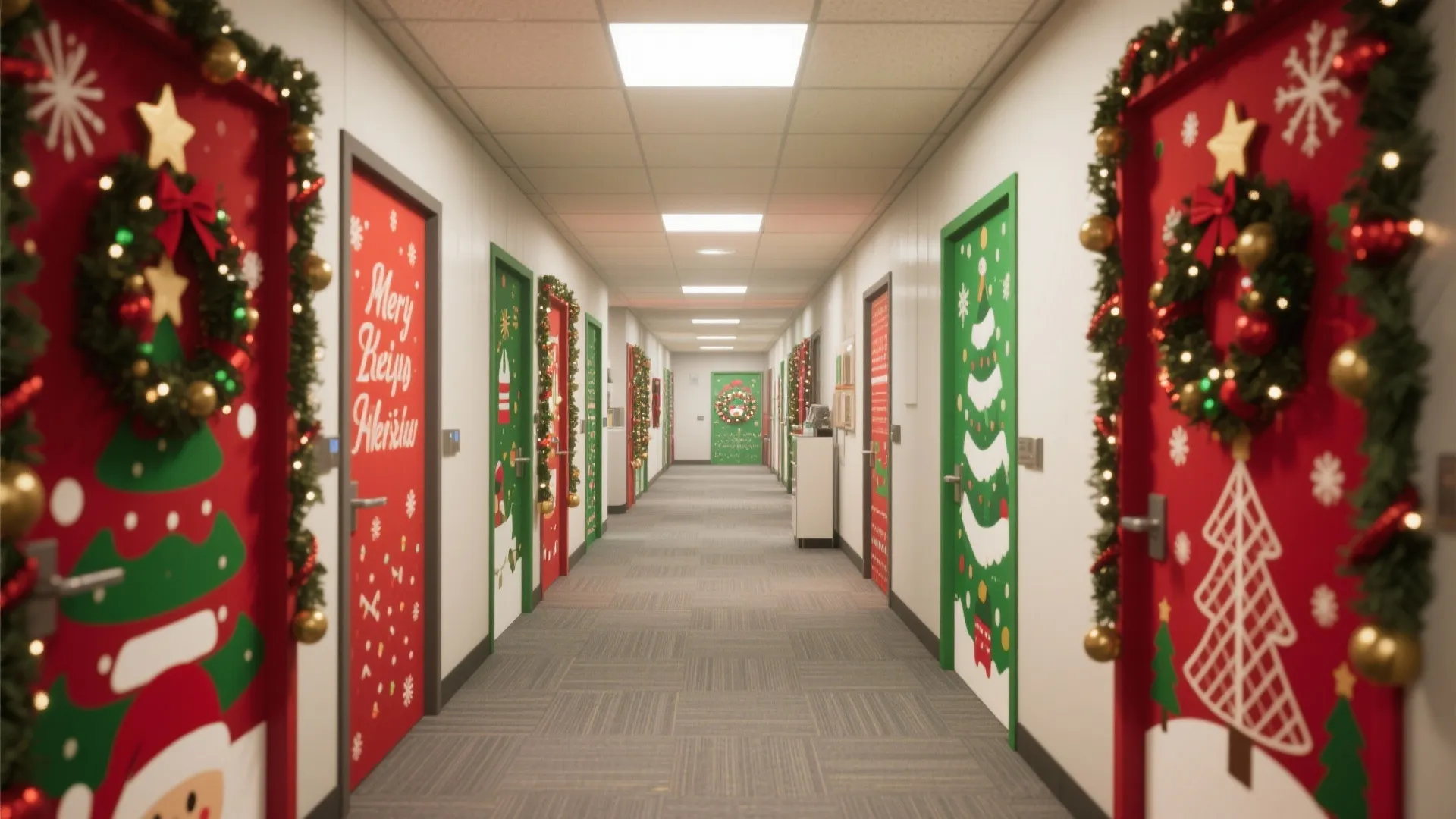 Long office corridor with red and green doors decorated with festive Christmas trees and wreaths