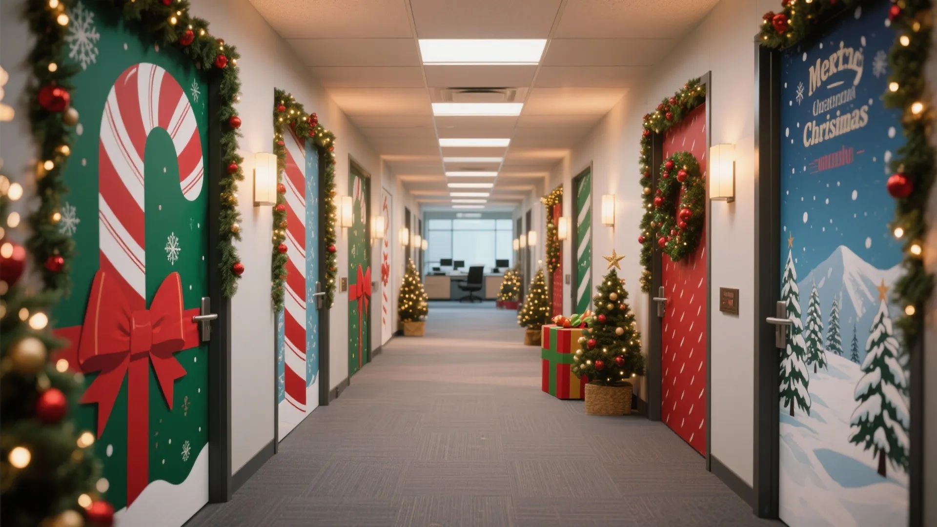 Long office hallway with doors decorated in various colorful Christmas themes and small green trees