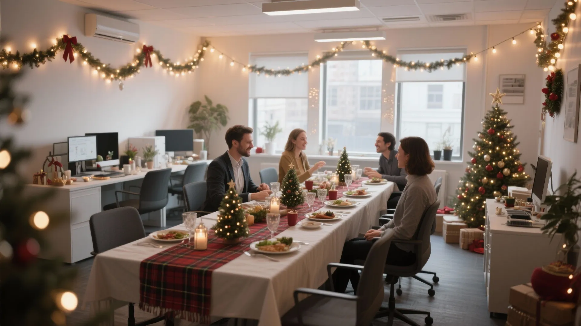 Colleagues eating lunch at long decorated table with Christmas tree and string lights in office