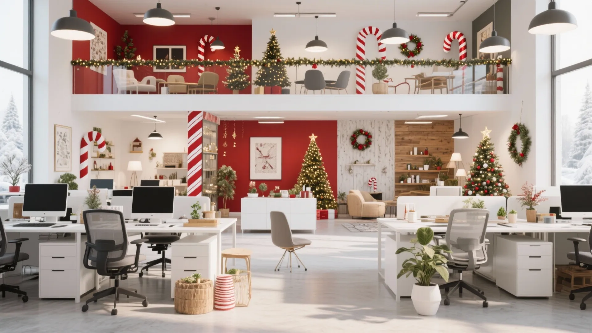 Modern two level open office decorated for Christmas with trees candy canes and red accent walls