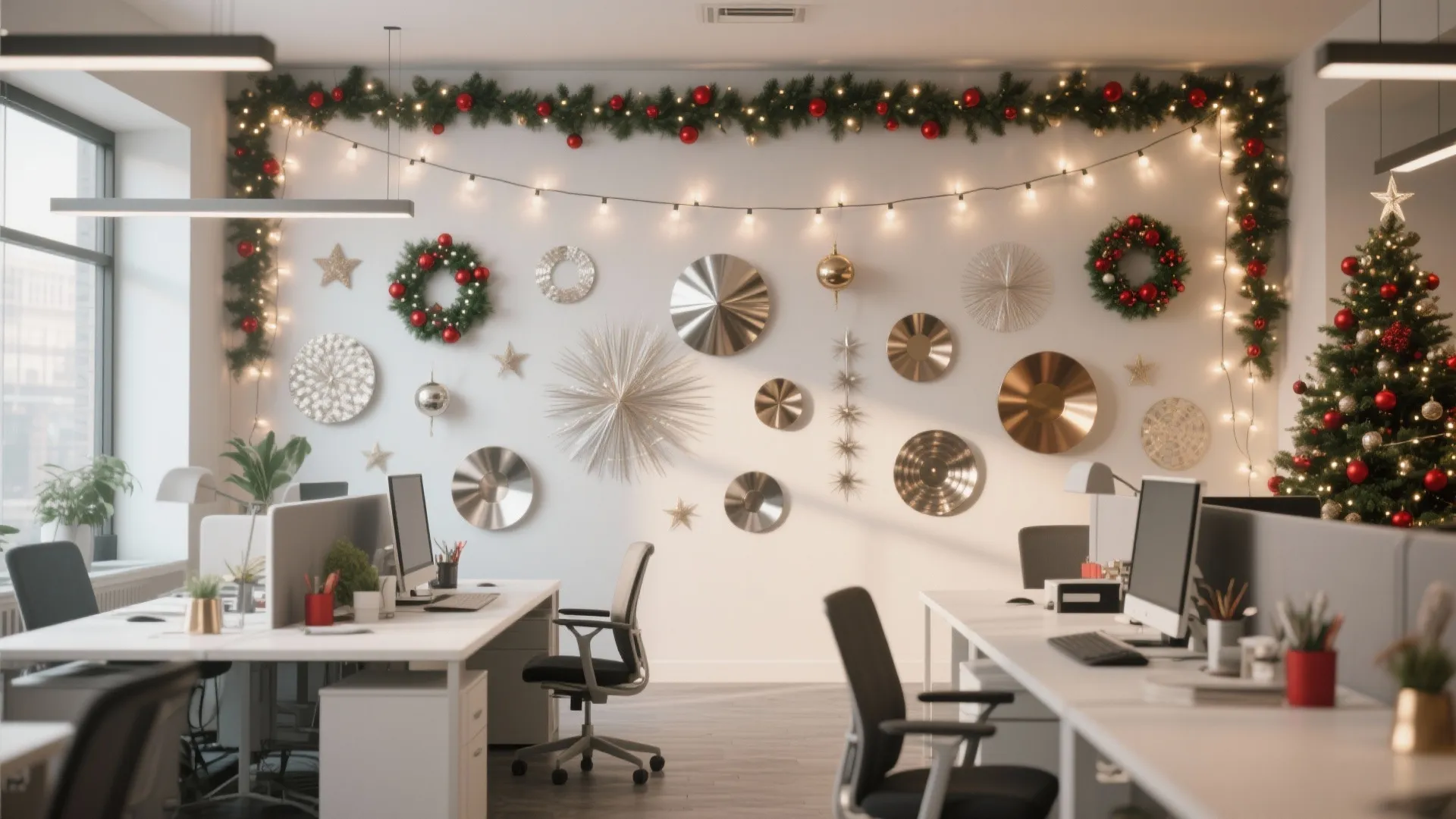 Modern office space decorated with festive green garland red baubles string lights and Christmas tree