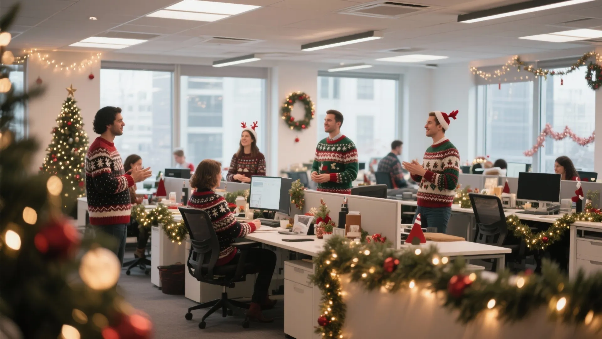 Office staff wearing festive Christmas sweaters while working in a room with trees and lights