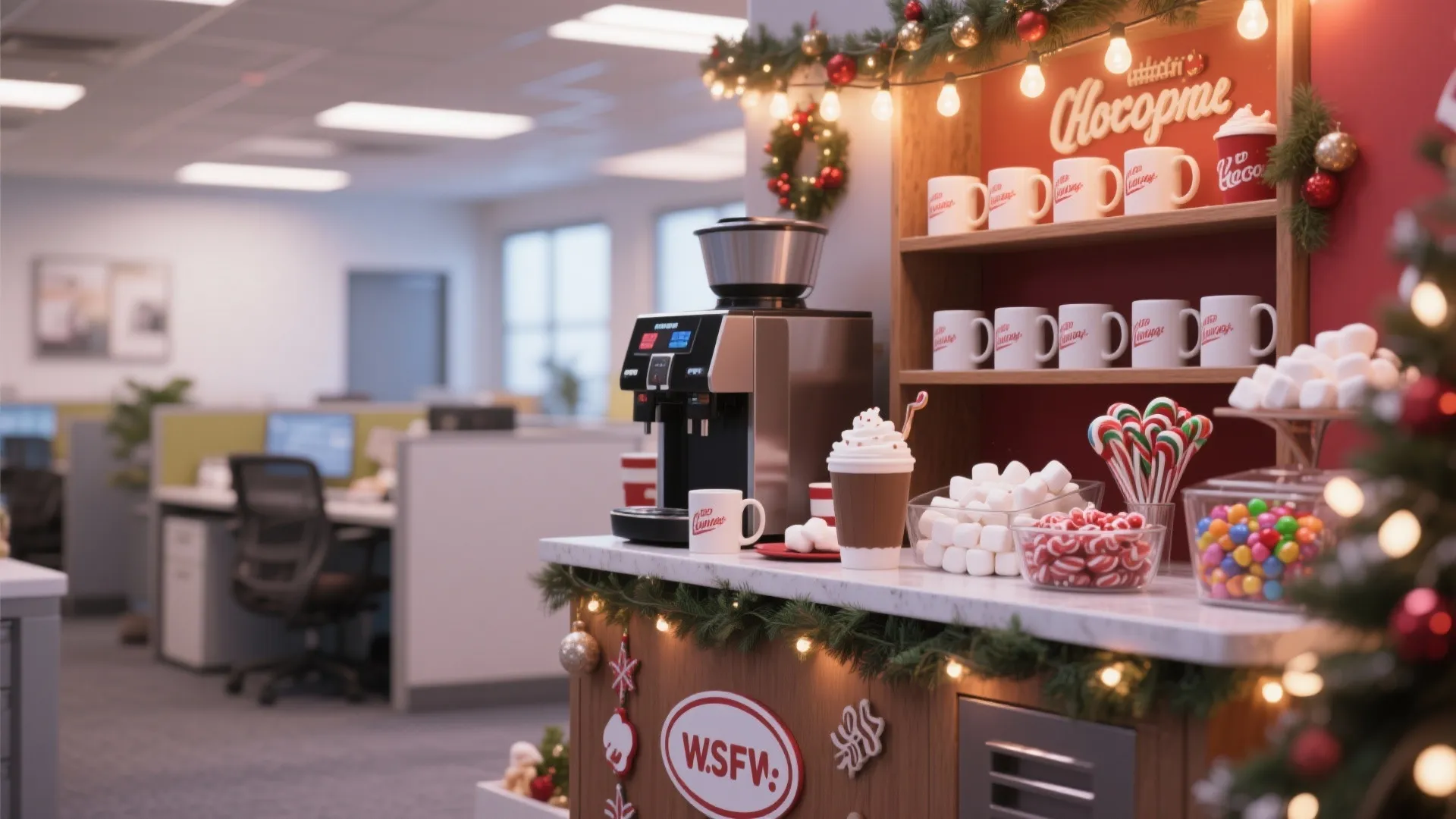 Office cocoa bar with coffee machine mugs candy canes and marshmallows for festive holiday season decoration