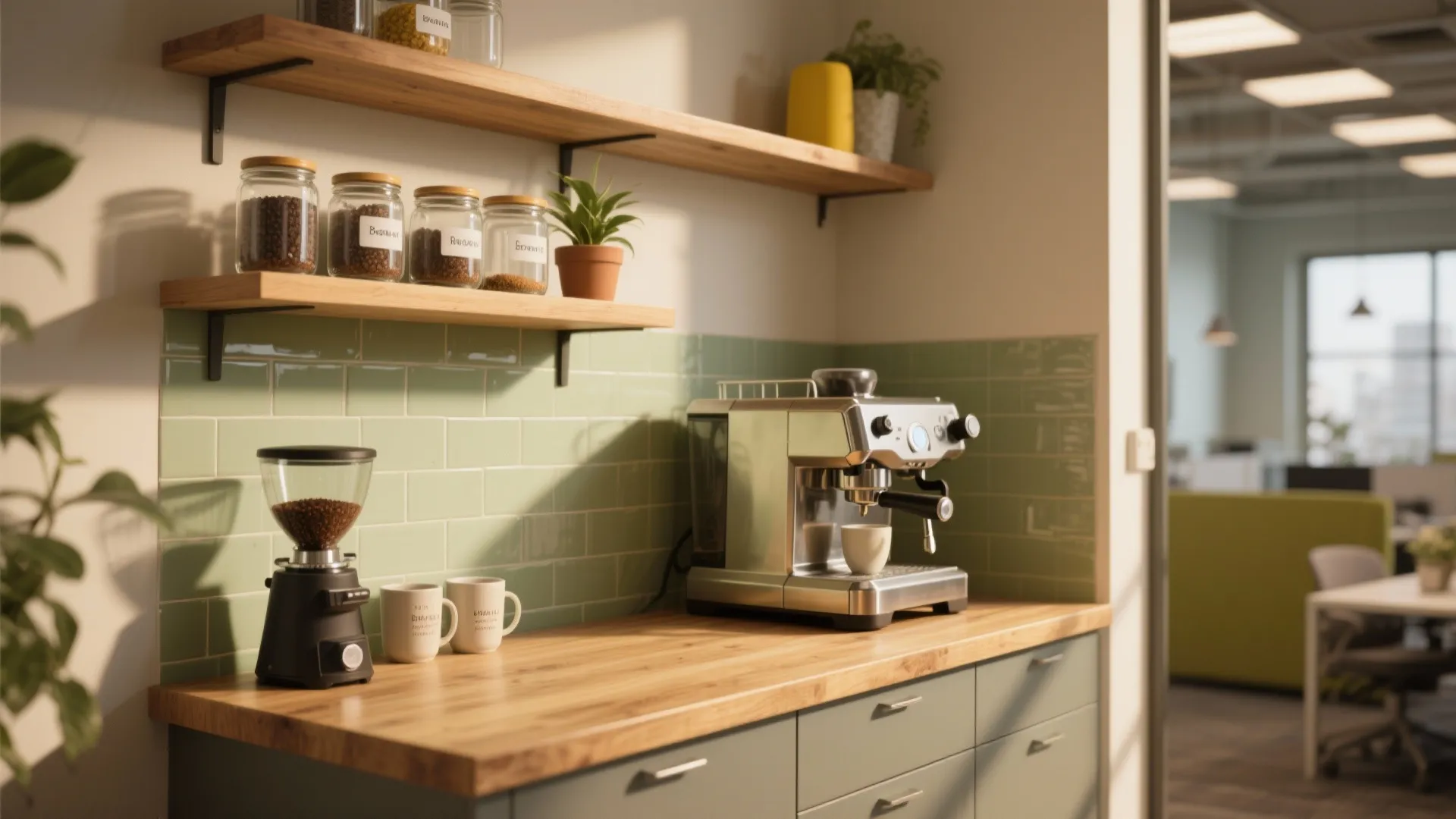 Office coffee corner with wooden countertop green wall tiles coffee machine and glass storage jars
