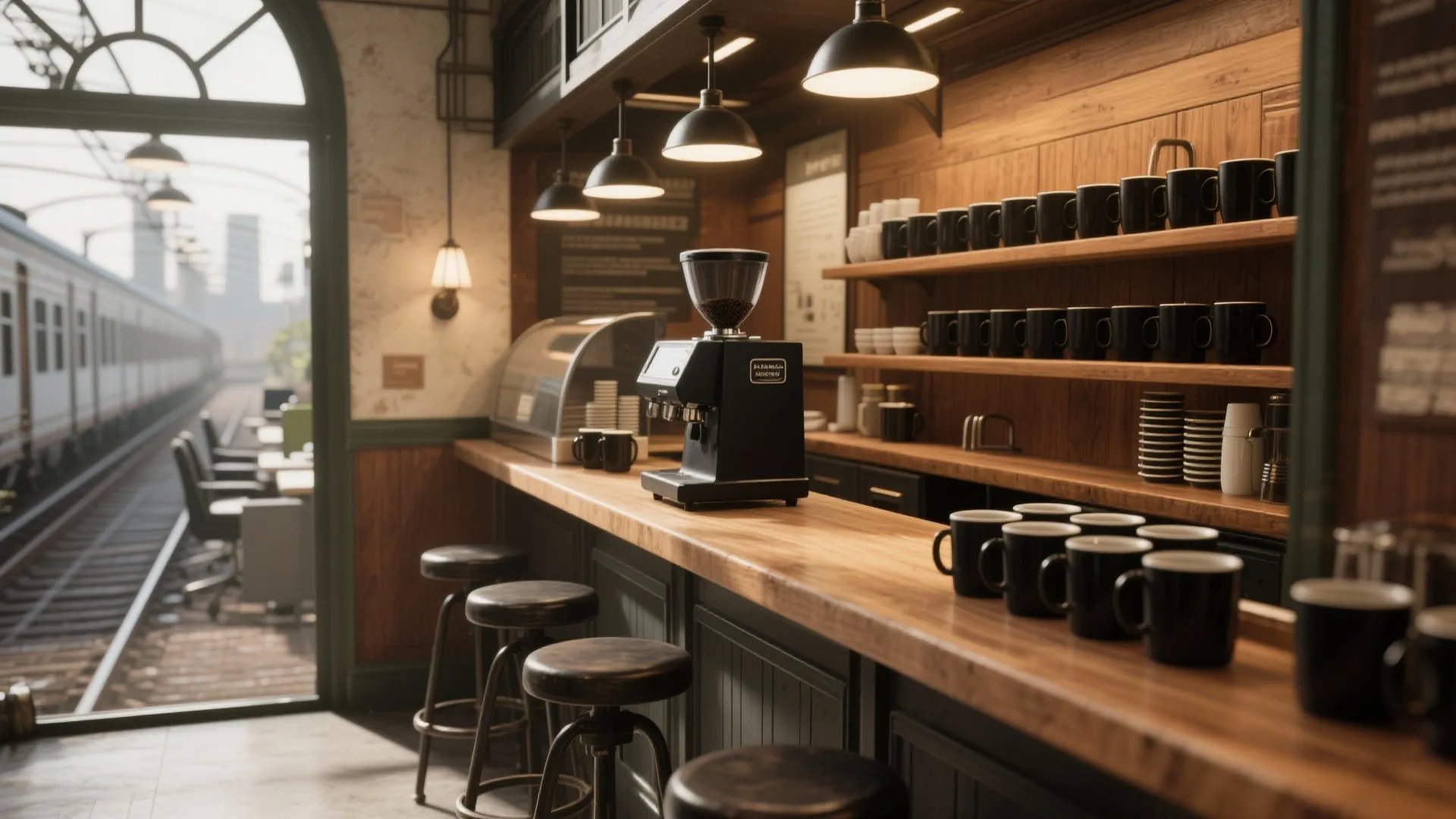 Small cafe style coffee bar with wooden counter black stools and shelves near train window