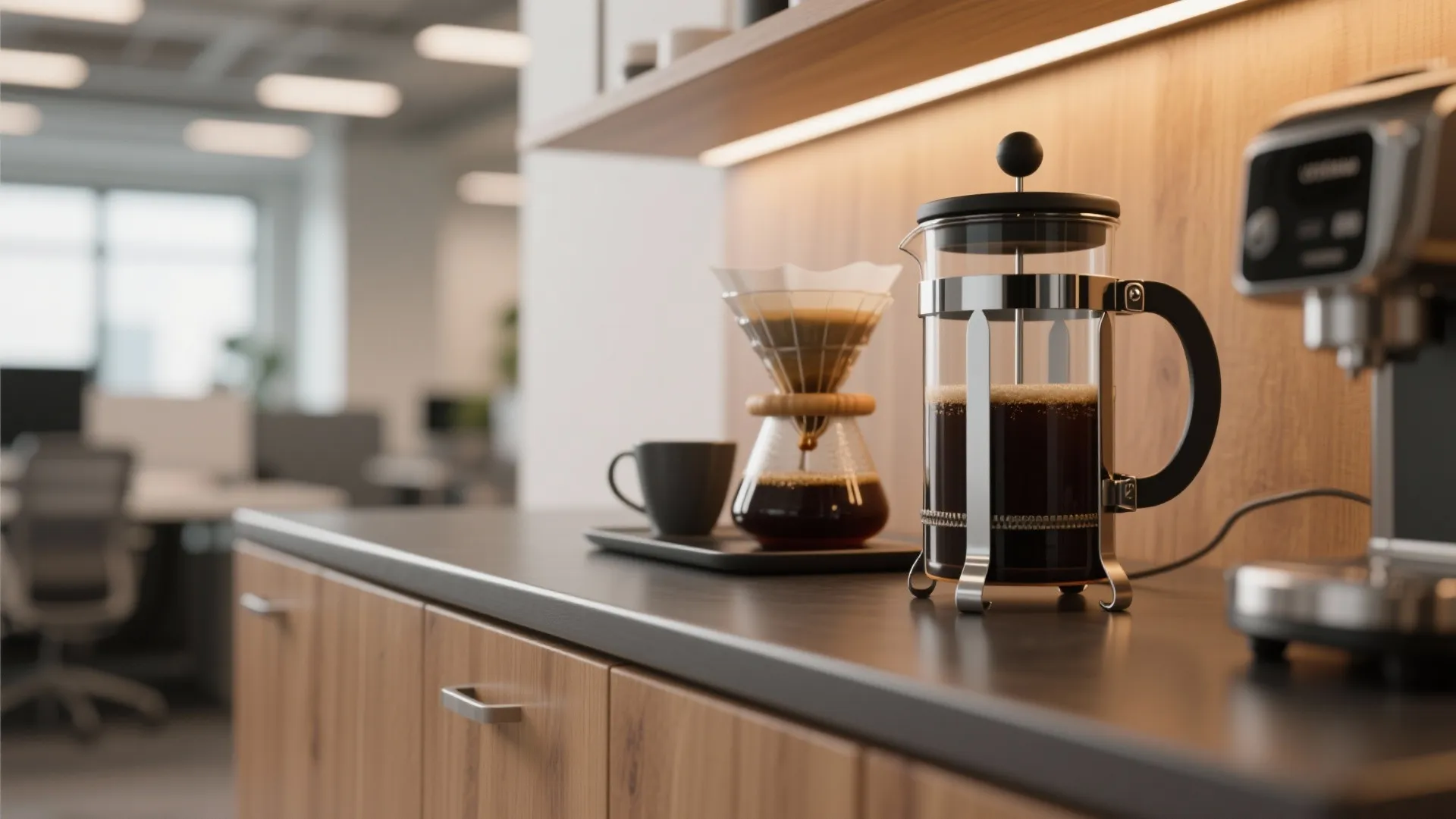 French press and coffee dripper on wooden cabinet with cup and espresso machine in office