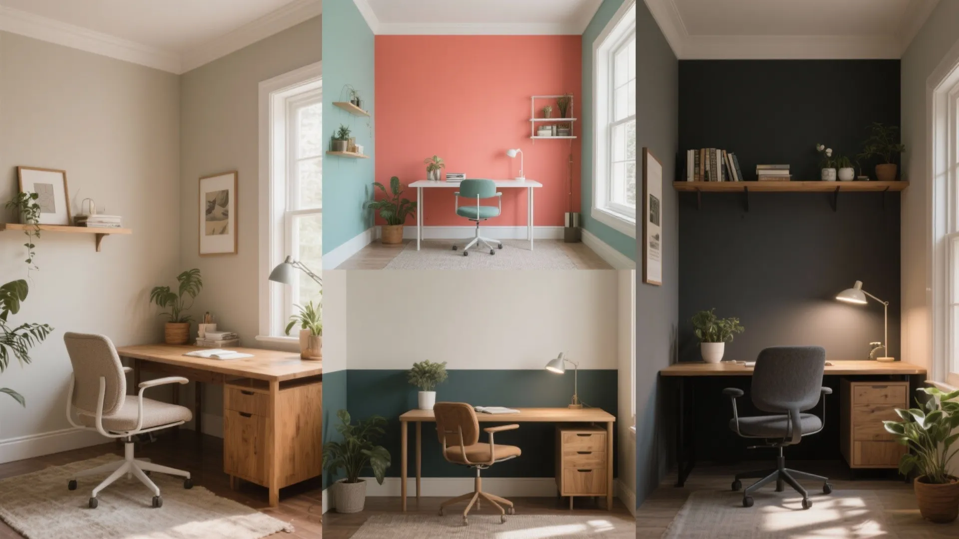 Four home office setups showing different wall colors with wooden desks chairs and desk lamps