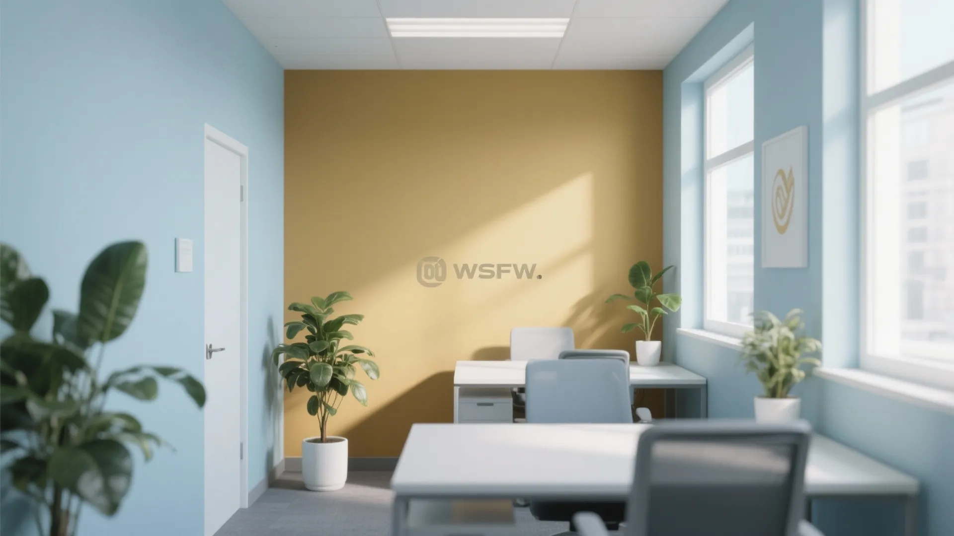 Modern office interior with blue and yellow walls white desks grey chairs and green plants