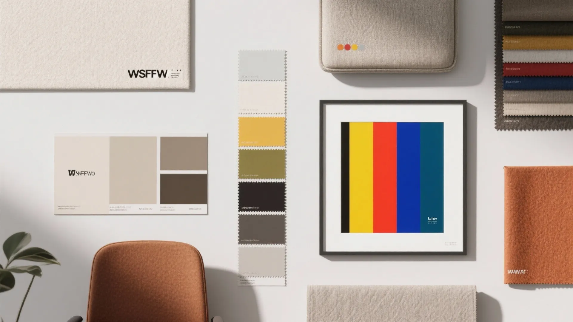 Interior design mood board with fabric samples color swatches and art for professional office space planning