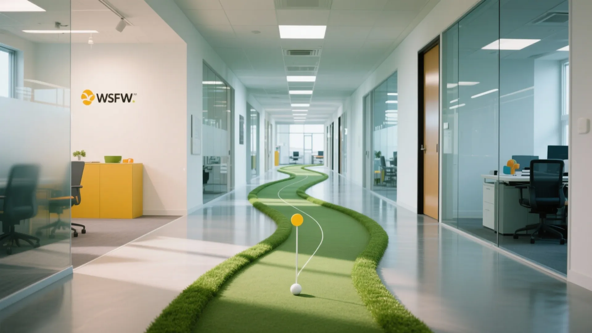 Modern office hallway featuring a long green winding mini golf path between glass wall offices