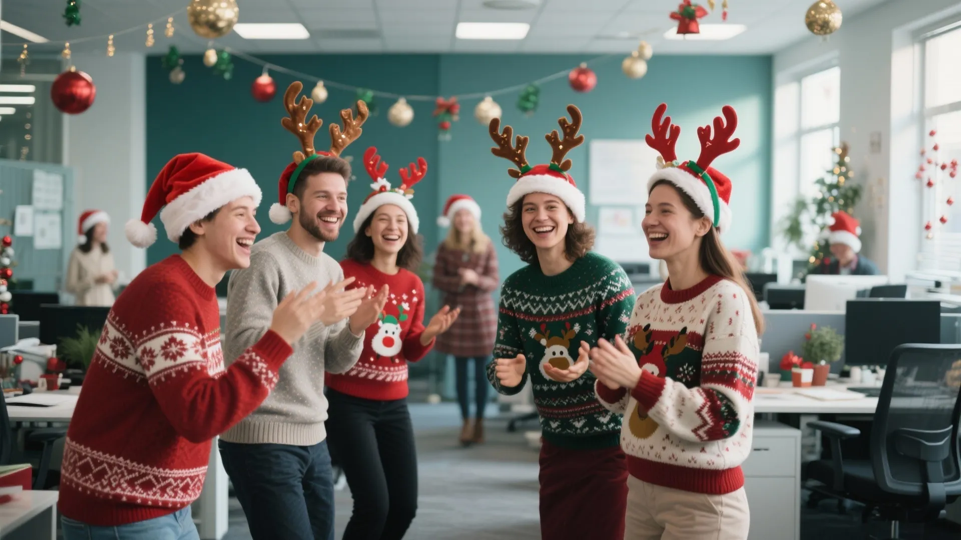 Happy office workers wearing Christmas sweaters and reindeer headbands celebrating together in a decorated modern workspace