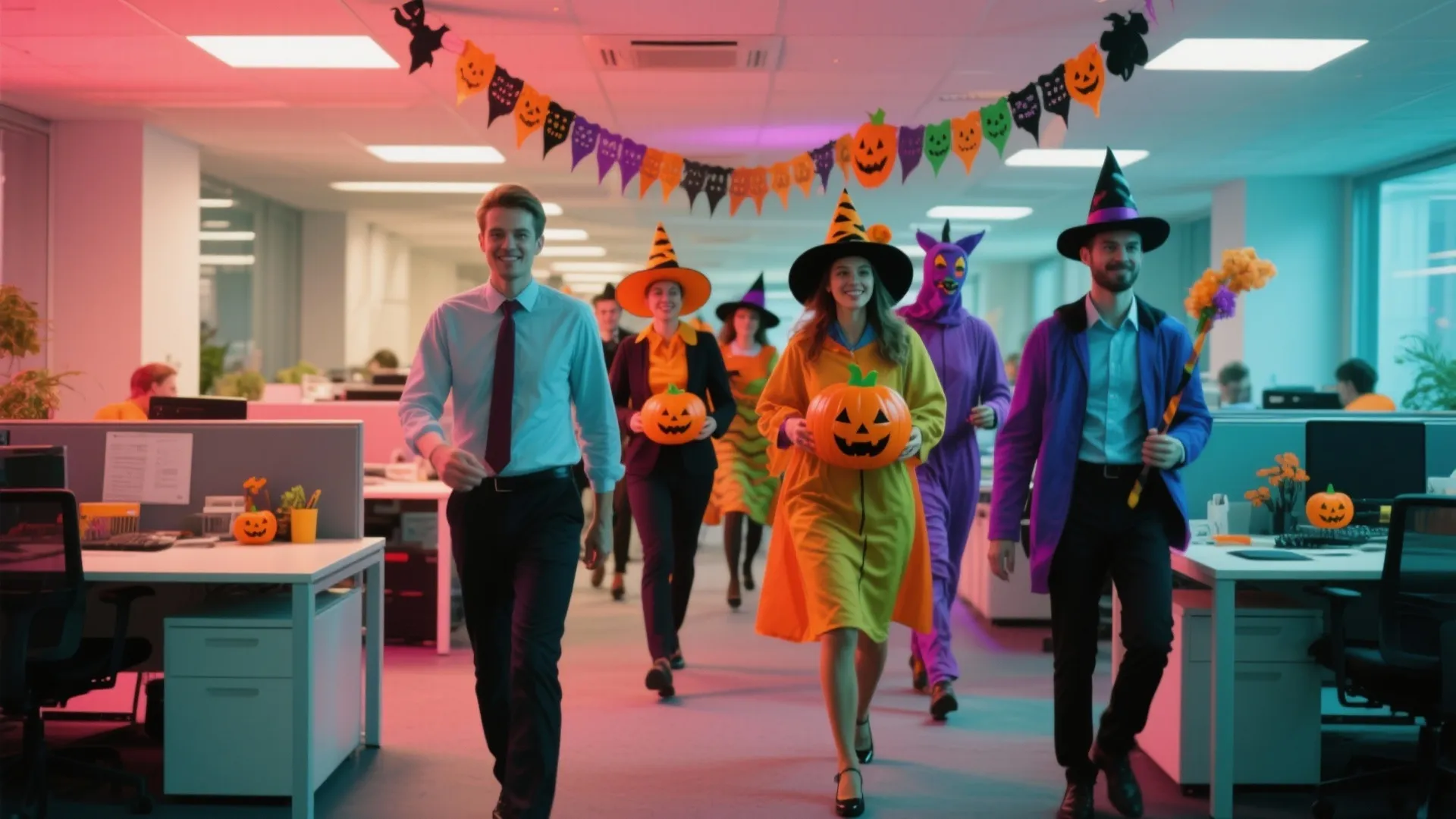 Office workers in Halloween costumes walking through workspace aisle with festive banners and pumpkin decor