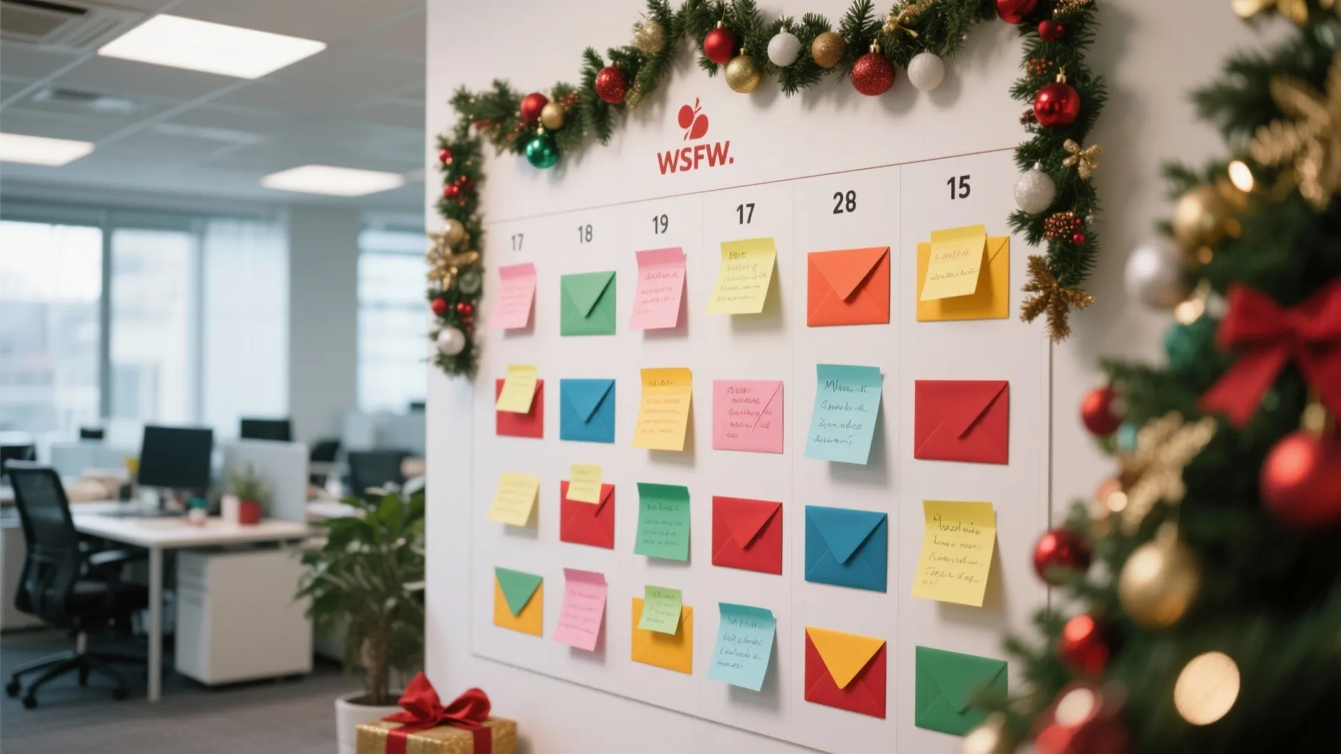 Office wall board with colorful envelopes and sticky notes under a green Christmas pine garland