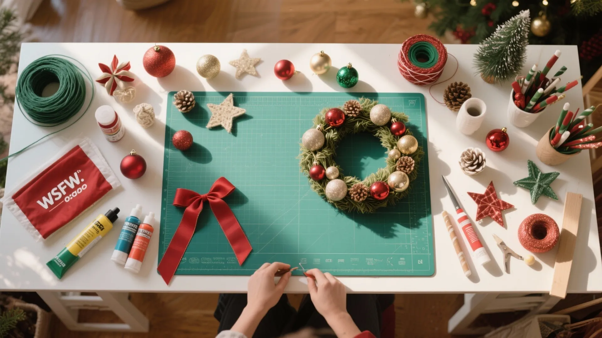 Top view of hands making a green Christmas wreath on a white table with decorations