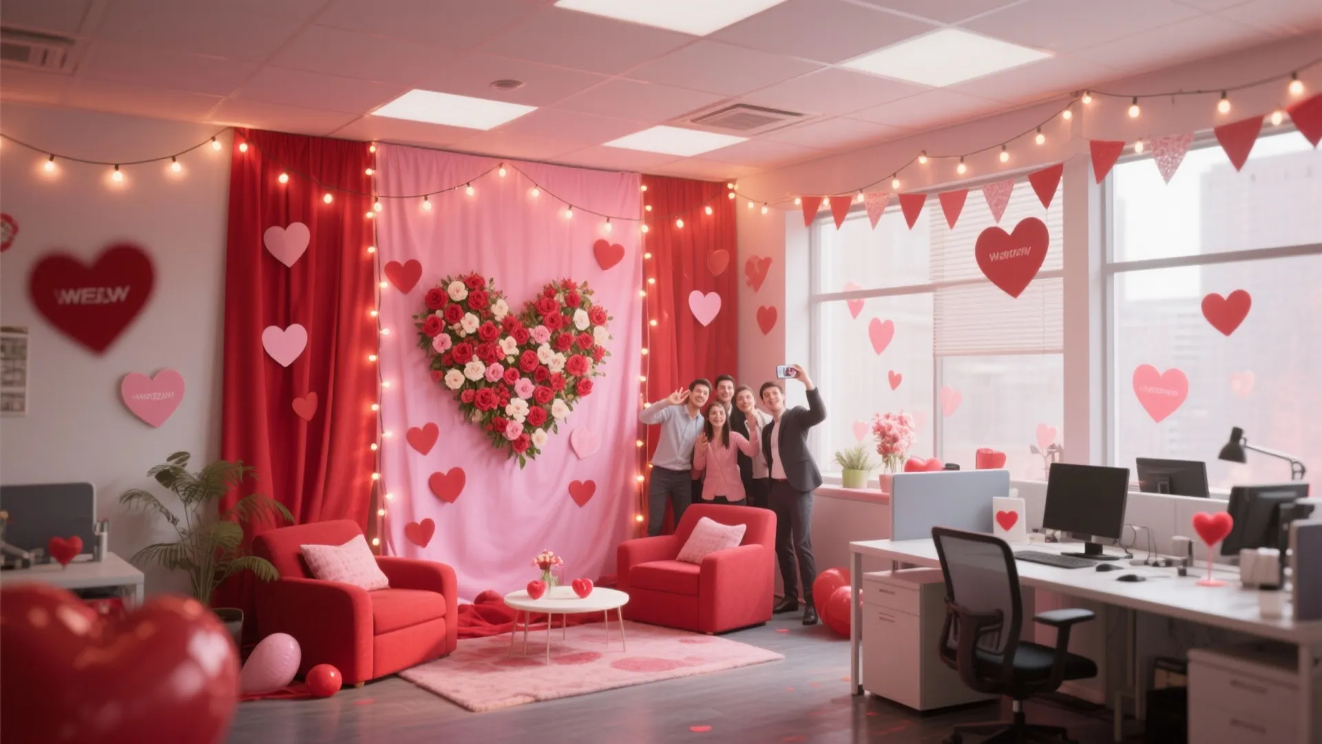 Cozy Valentine’s themed office corner with lights and backdrop