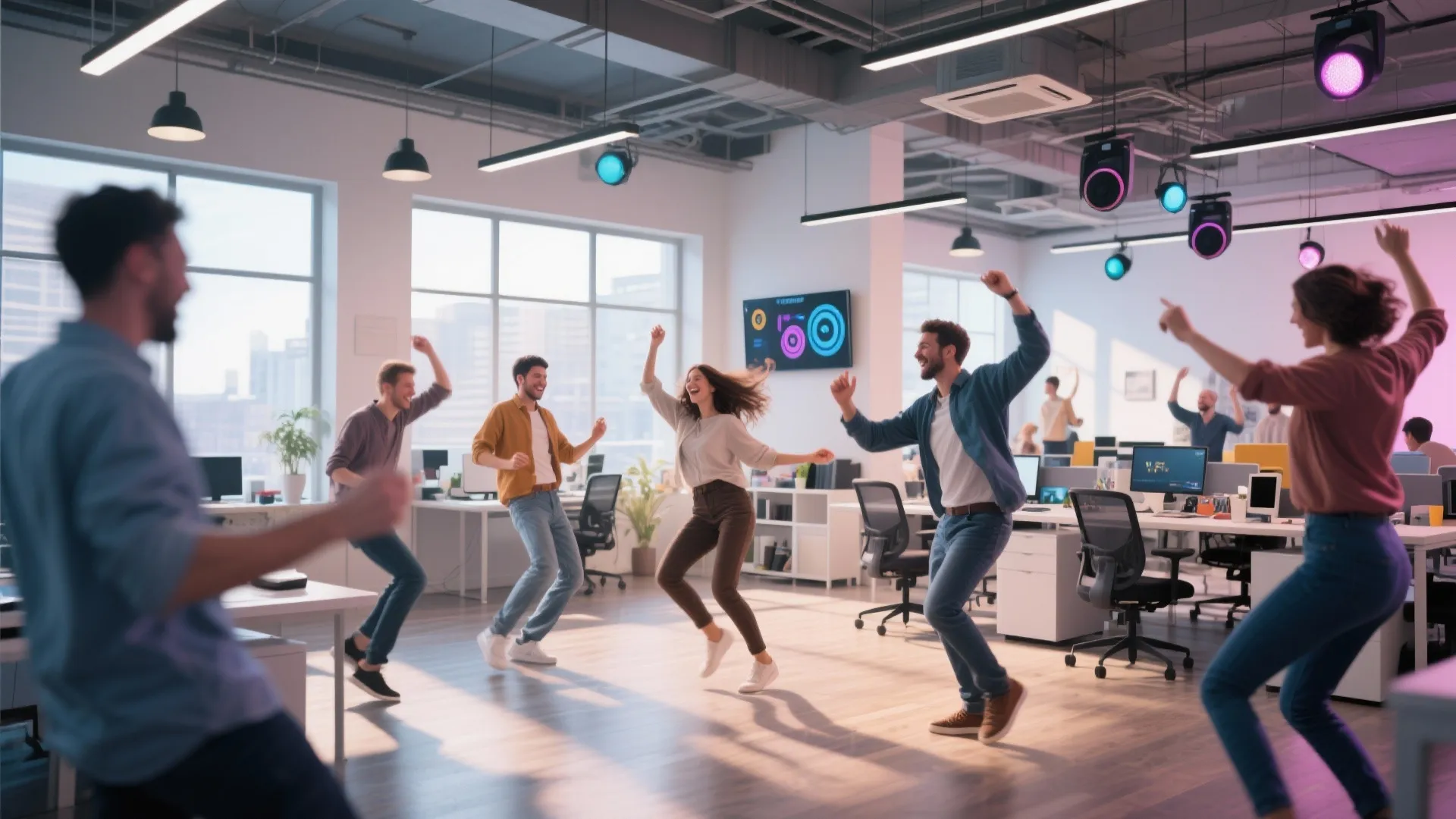 Happy office workers dancing in an open workspace with modern desks and bright purple ceiling lights