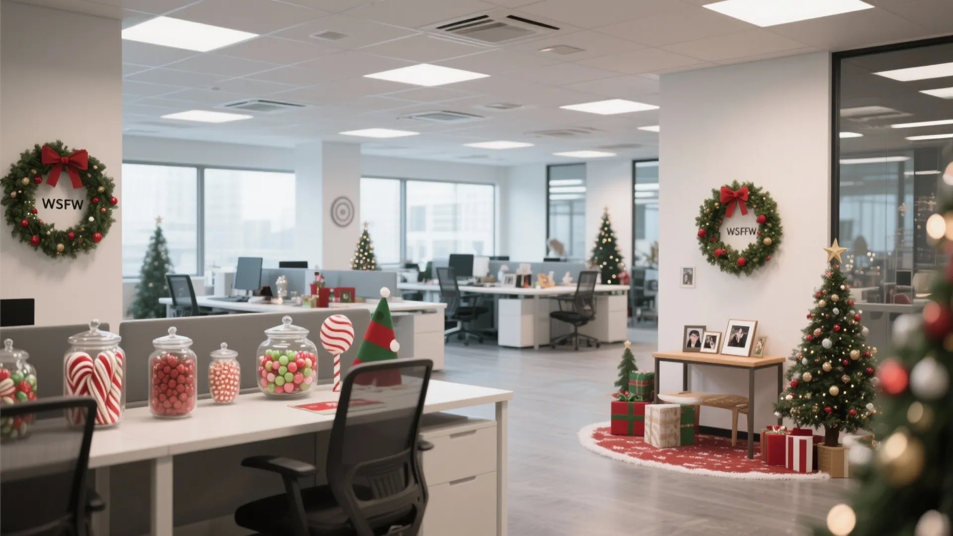 Modern office interior with Christmas wreaths on walls and gift boxes under a small tree