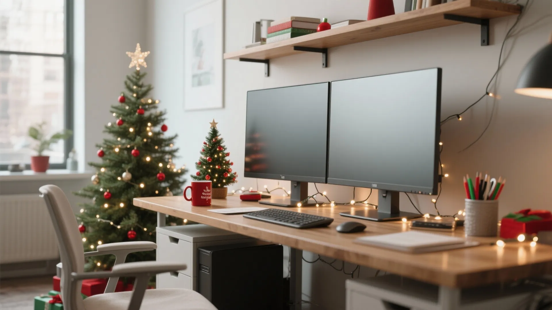 Modern home office with two monitors wooden desk Christmas tree lights and a red mug