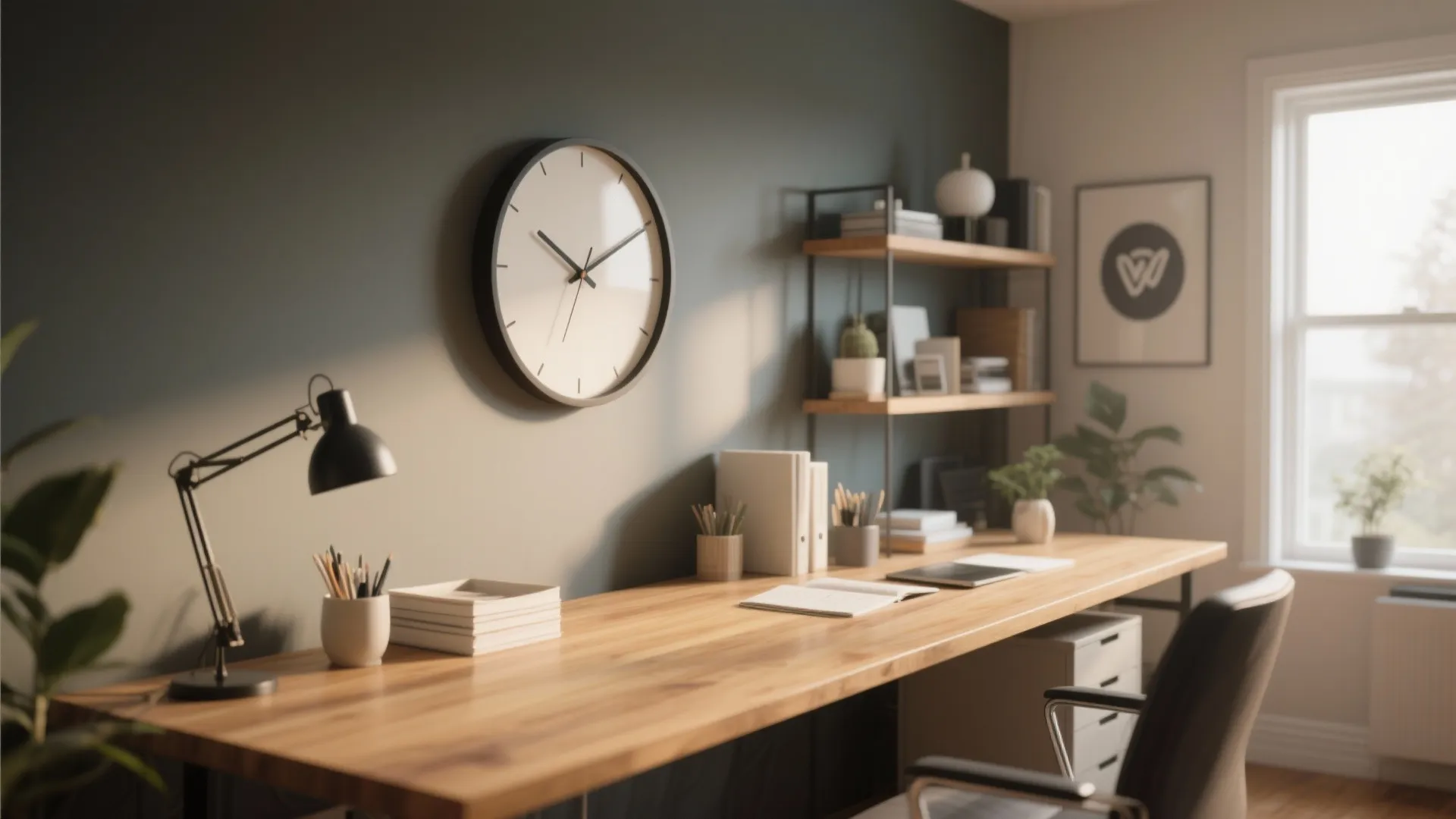 Modern home office desk with a large wall clock desk lamp books and a black chair