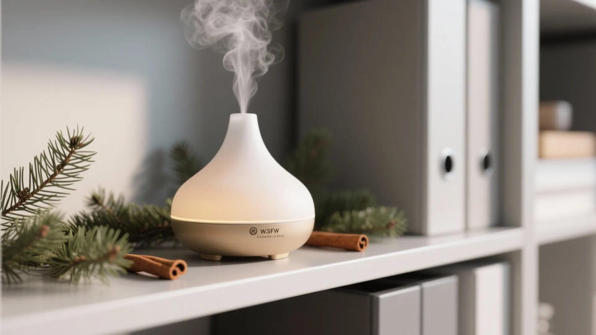White aroma diffuser with steam on a grey shelf with green pine branches and cinnamon