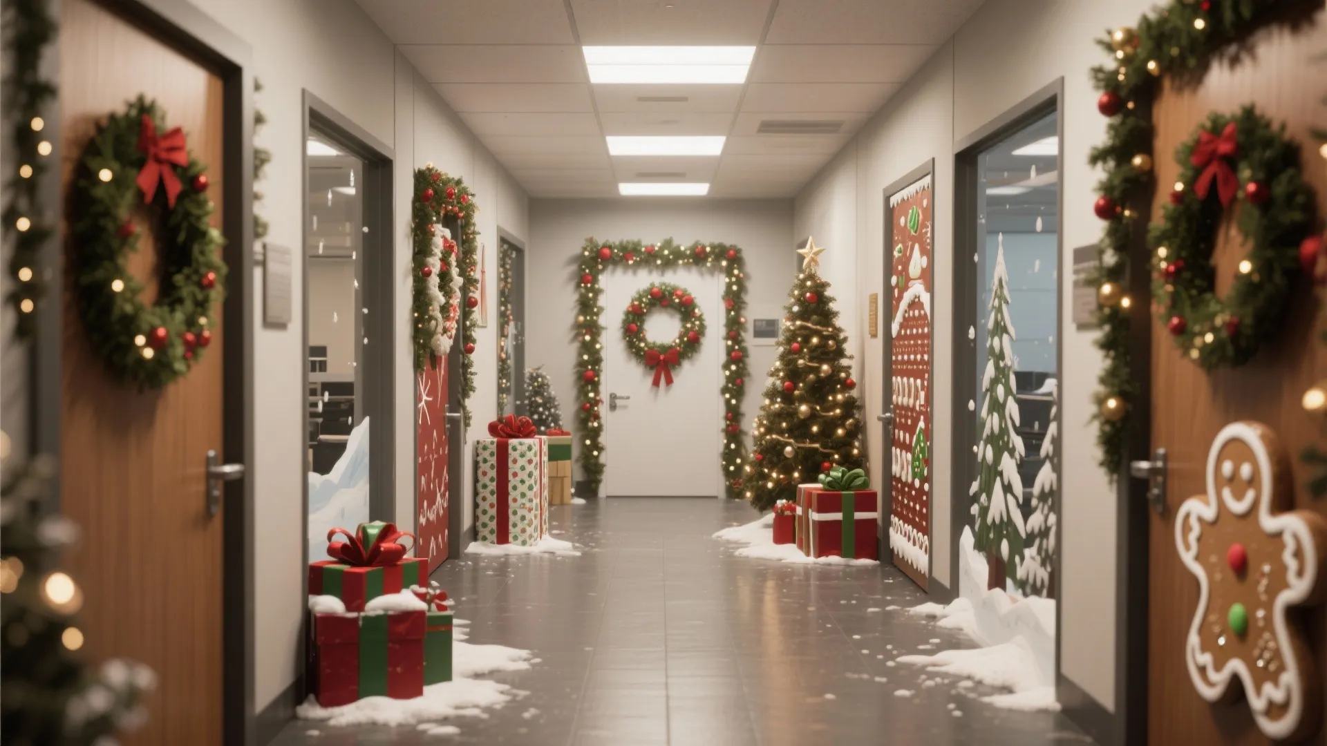 Office hallway decorated for Christmas with wreaths on doors small trees gifts and festive wall art