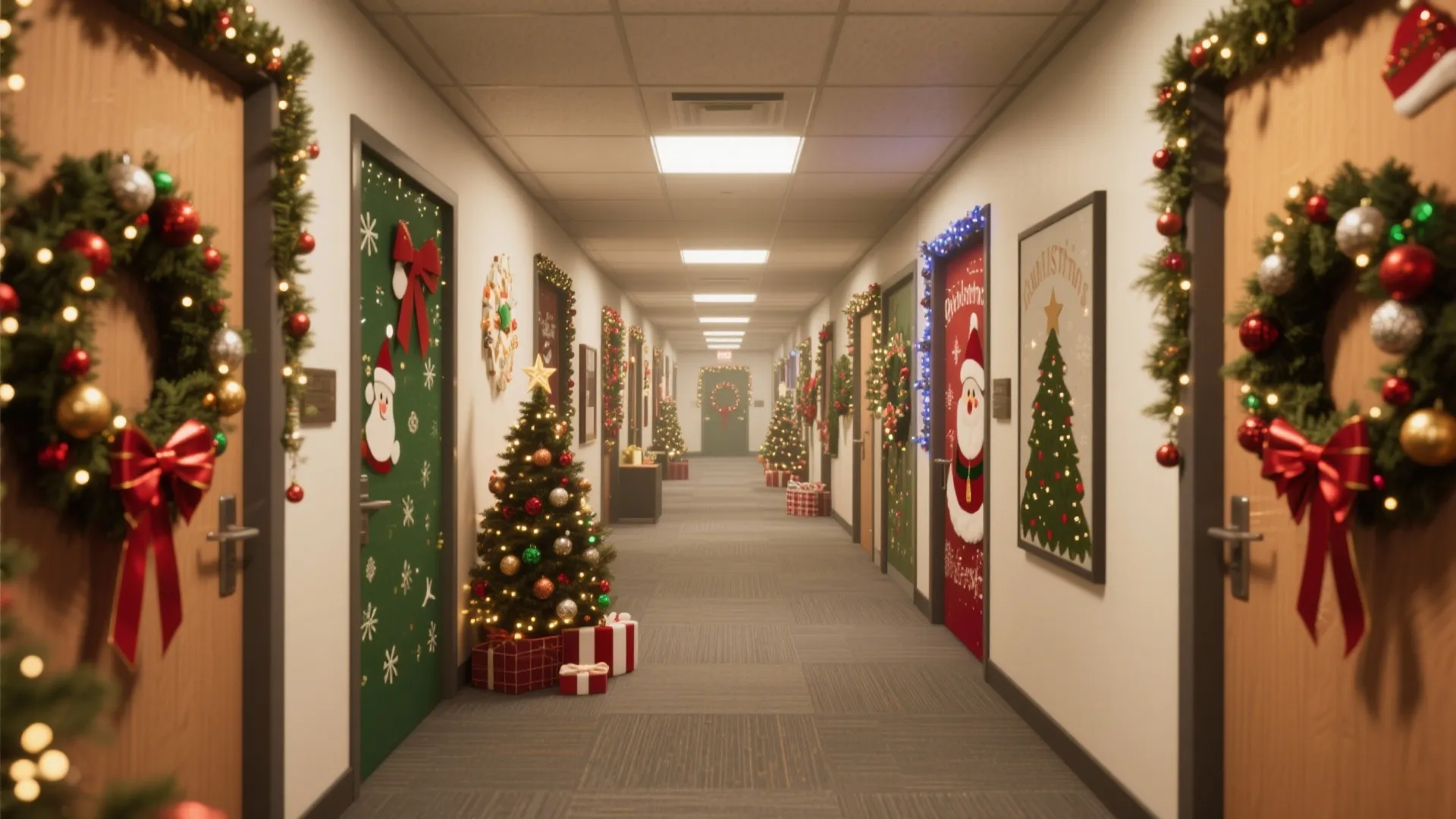 Long office hallway with doors decorated with wreaths and small Christmas trees on the floor