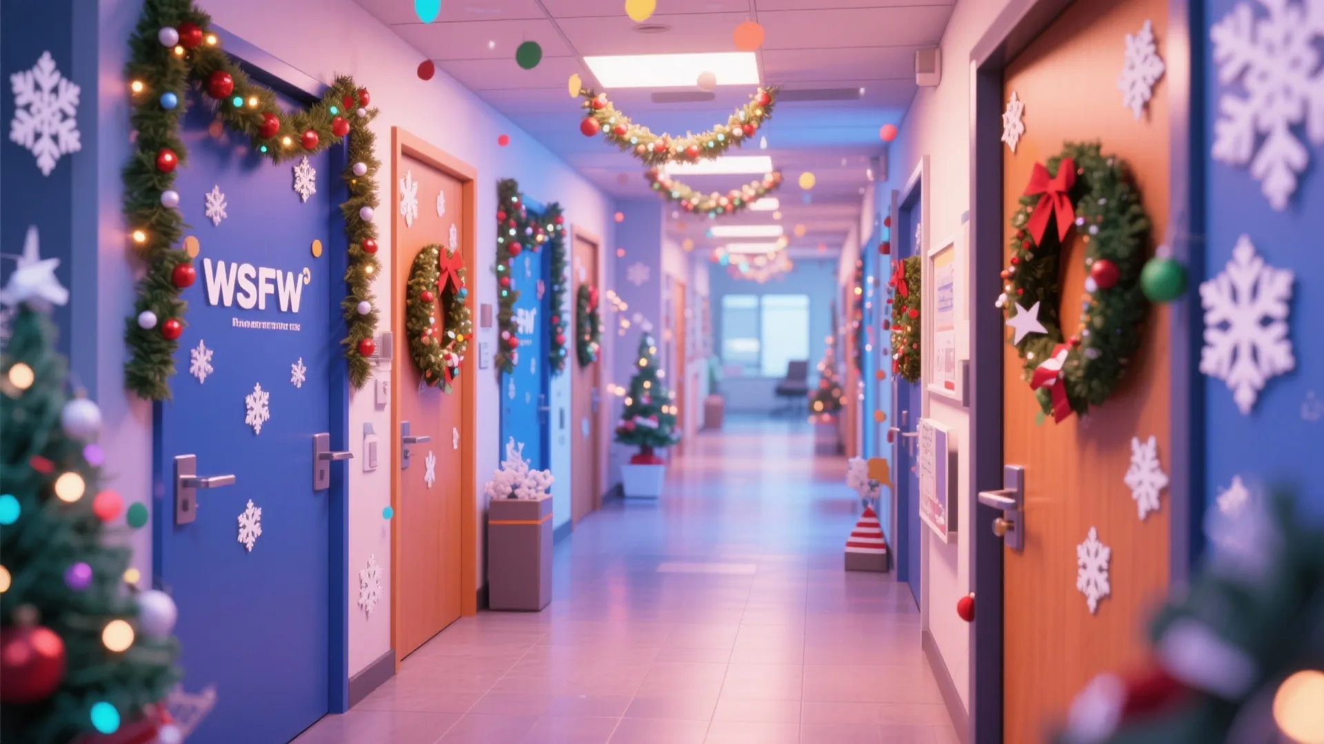 Office hallway with doors decorated with green wreaths white snowflakes and festive holiday room decorations