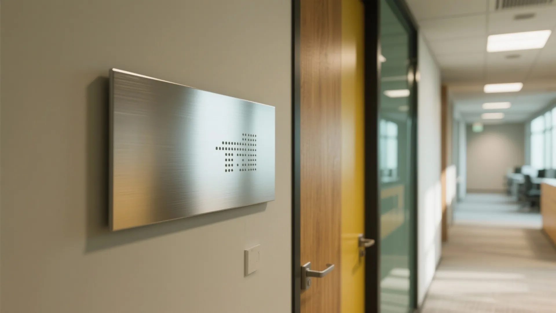 Modern silver office room number sign mounted on wall next to a wooden hallway door