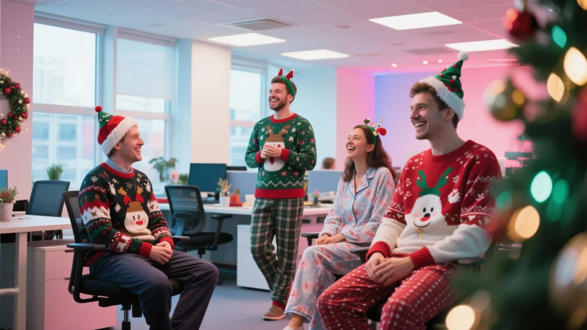Coworkers wearing colorful Christmas sweaters and hats laughing together in a modern open office space