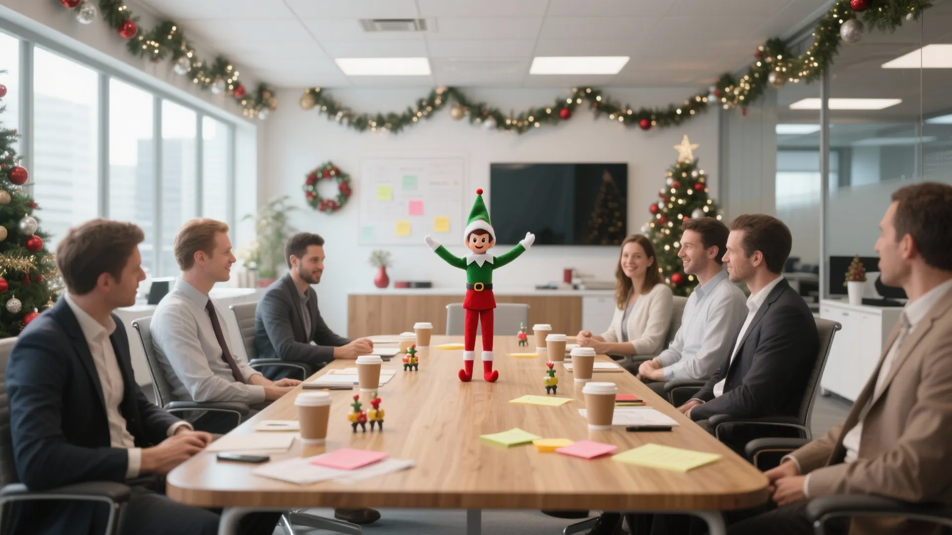 Toy elf standing on a conference table during an office meeting with business people around