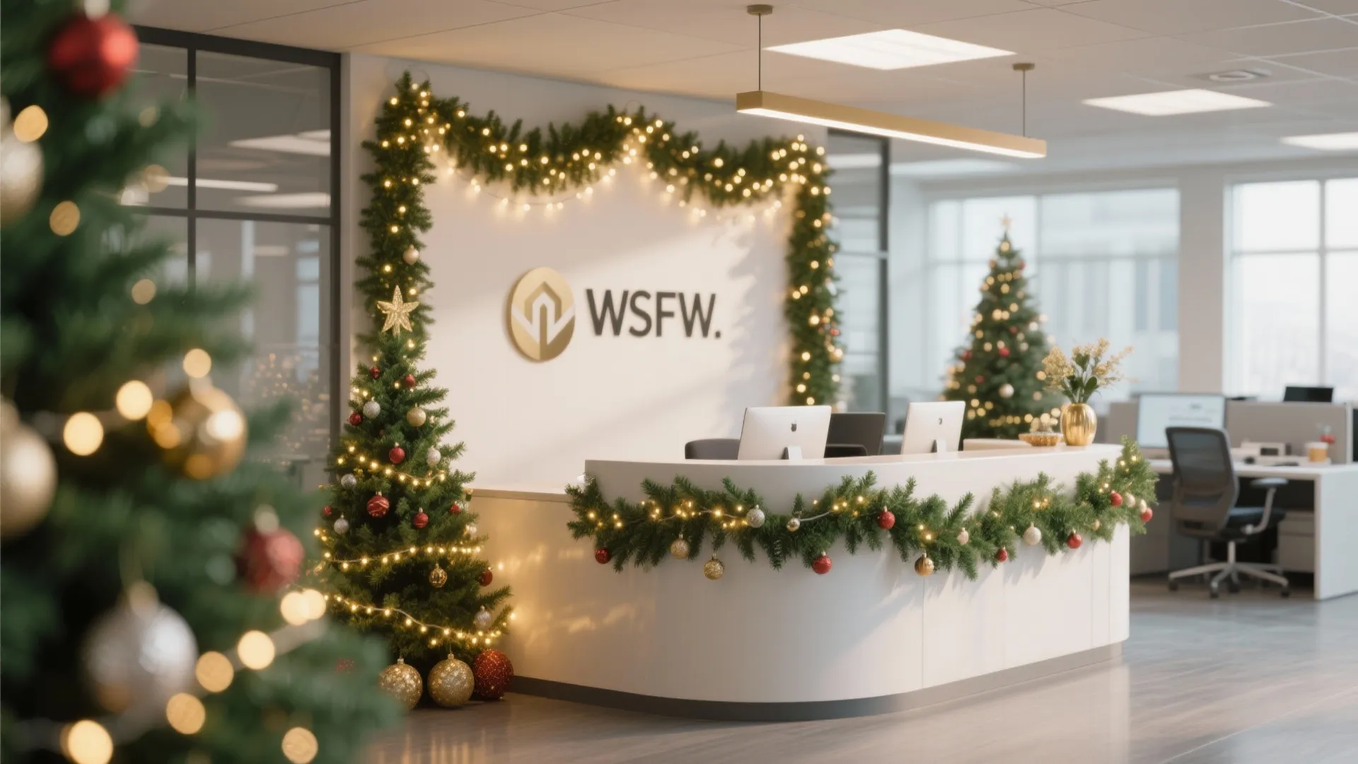 Office reception desk with WSFW logo decorated with Christmas trees garlands and warm festive lighting