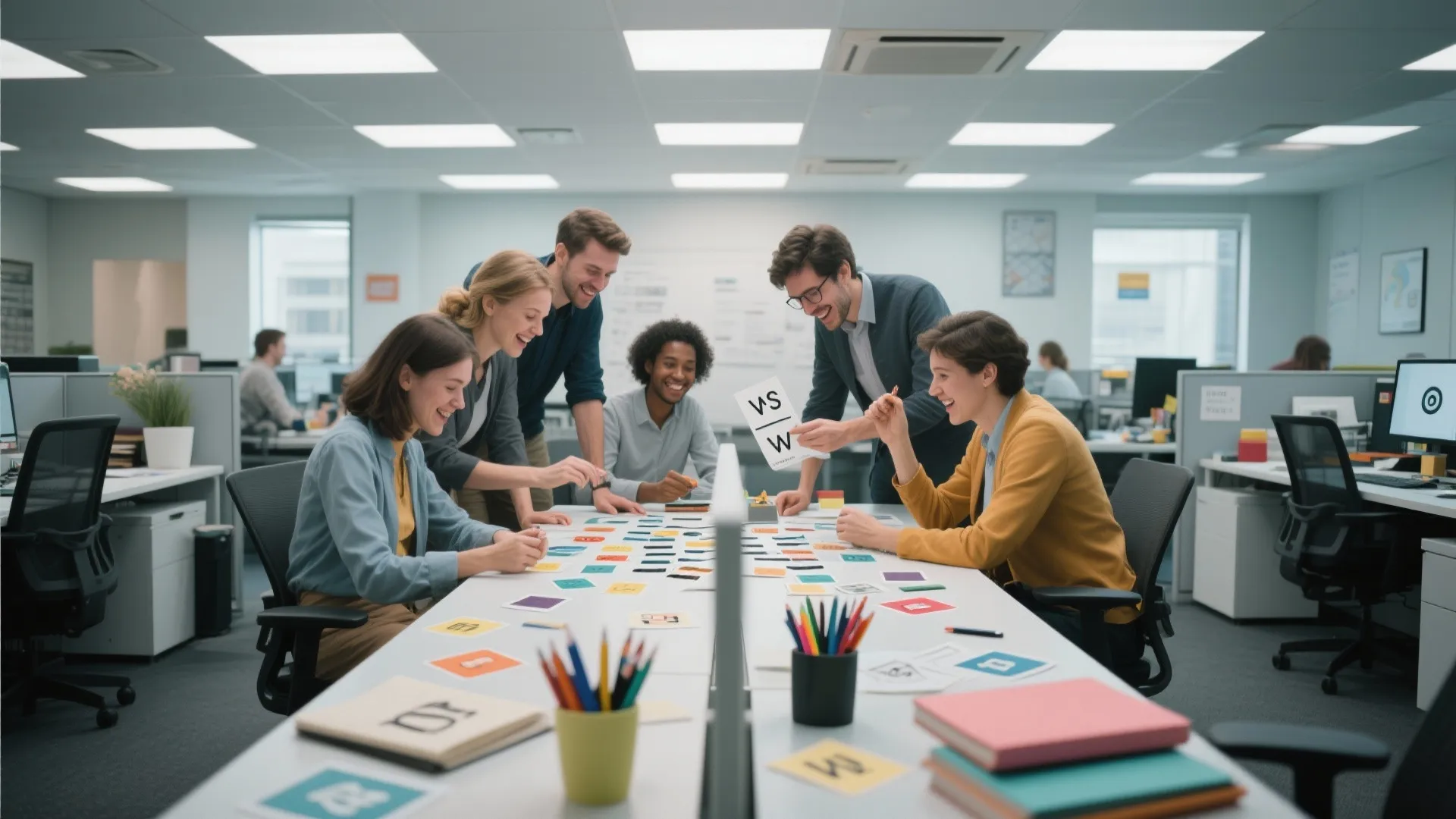 A group of happy office coworkers playing a creative team building game around a large table