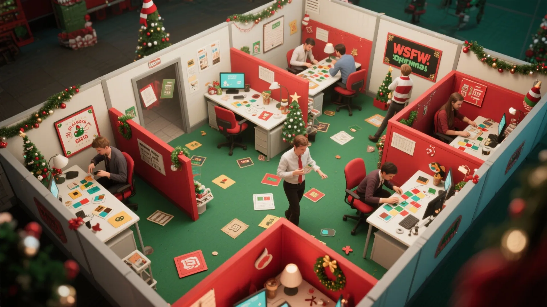Top-down view of a holiday-themed office escape game setup