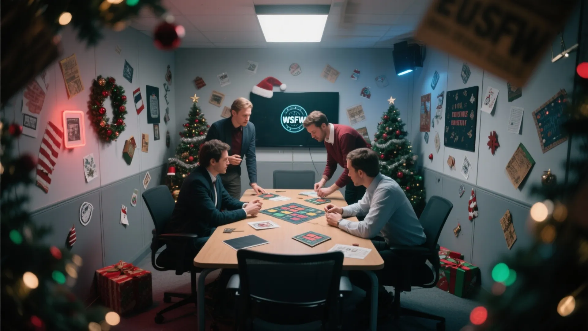 Team solving holiday-themed puzzles in office escape room