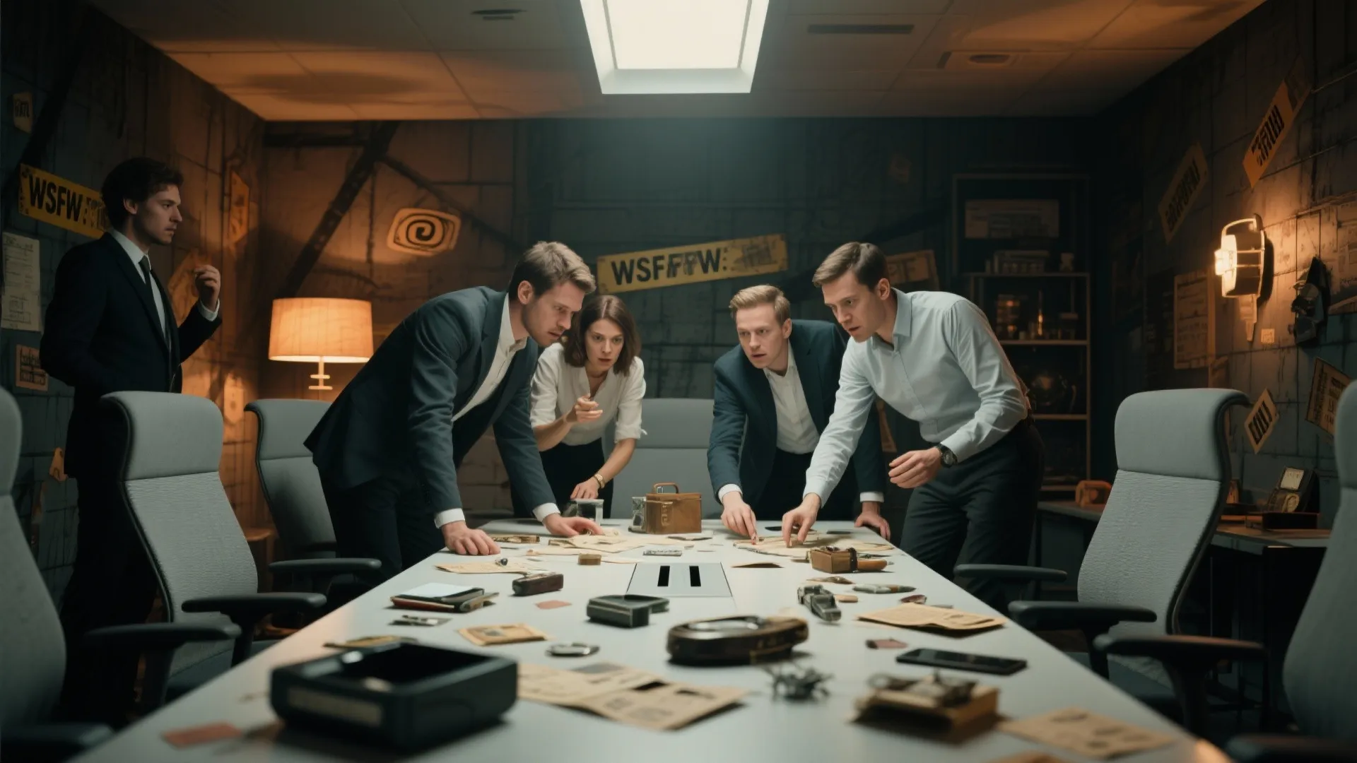 Business team working together in an escape room setting solving puzzles around a large conference table