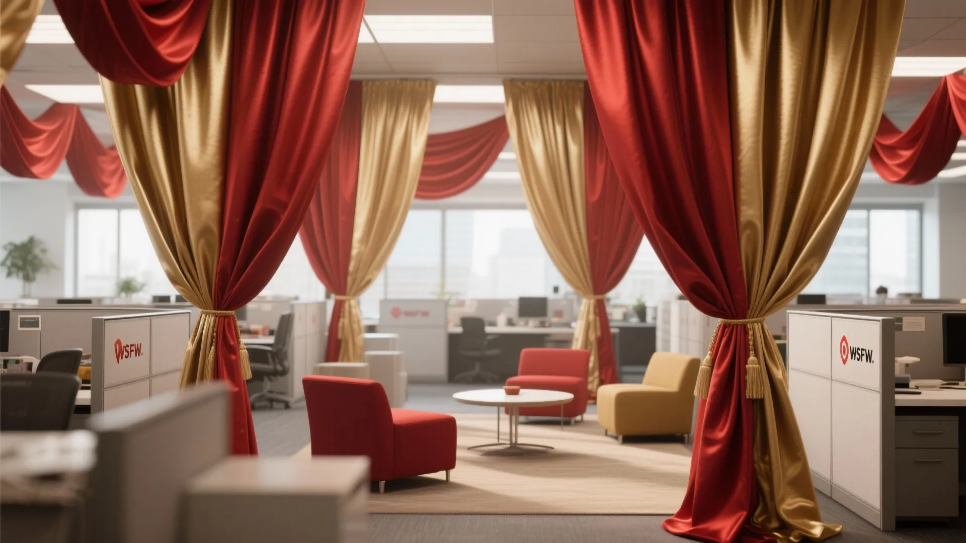 Modern office workspace with red chairs and large red and gold curtains hanging from ceiling